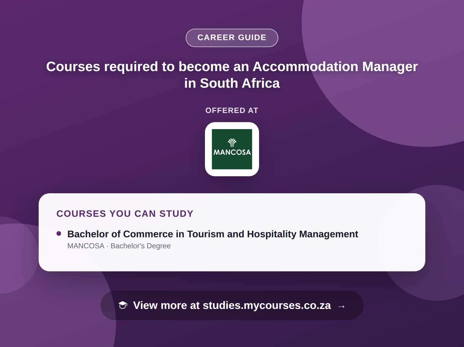 Poster listing courses to become an Accommodation Manager in South Africa, offered at MANCOSA, with a link to studies.mycourses.co.za