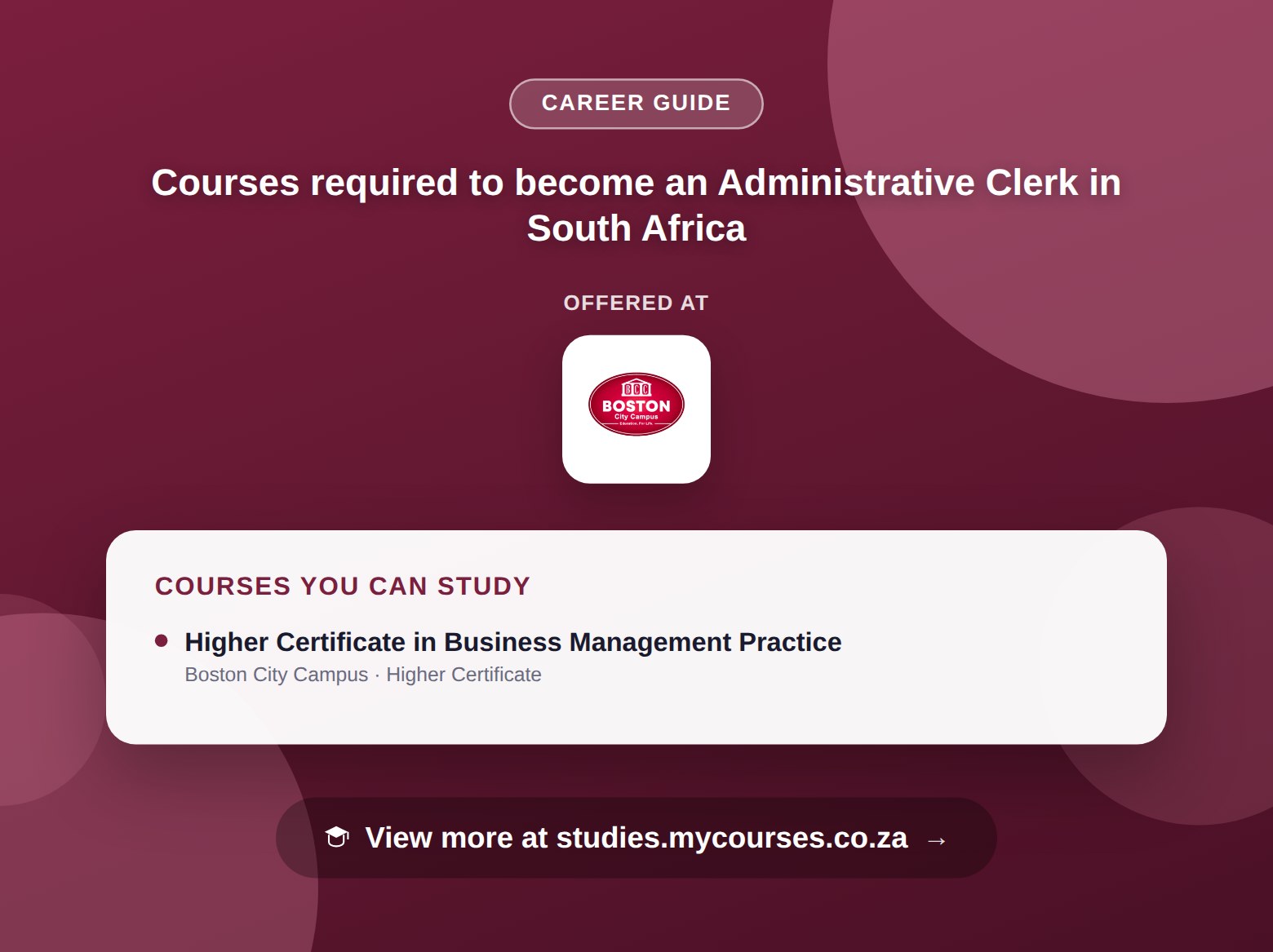 Poster listing courses to become an Administrative Clerk in South Africa, offered at Boston City Campus and Brooklyn City College, with a link to studies.mycourses.co.za