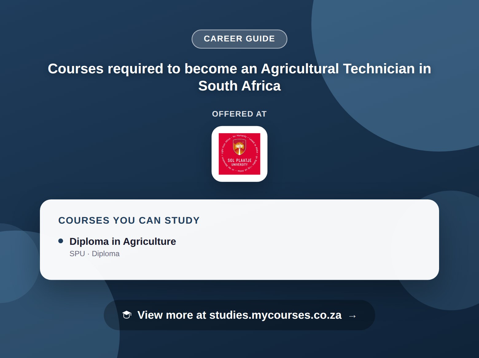 Poster listing courses to become an Agricultural Technician in South Africa, offered at Sol Plaatje University, with a link to studies.mycourses.co.za