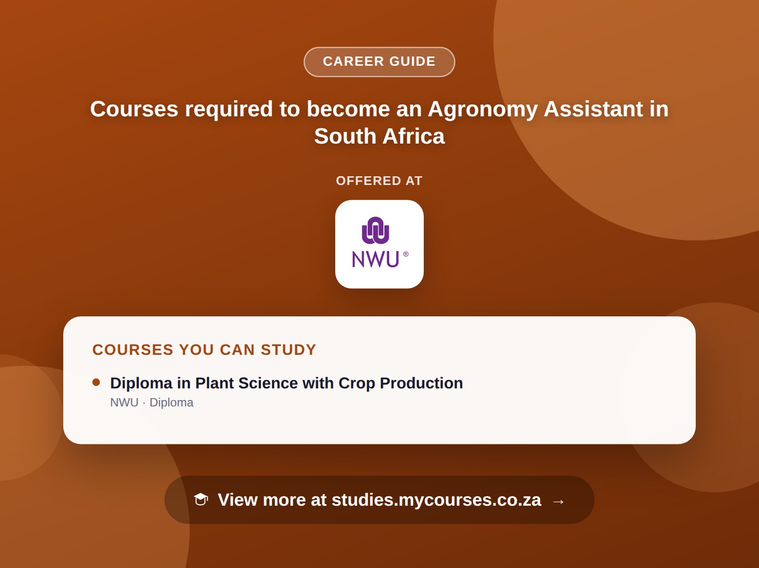 Poster listing courses to become an Agronomy Assistant in South Africa, offered at North-West University, with a link to studies.mycourses.co.za