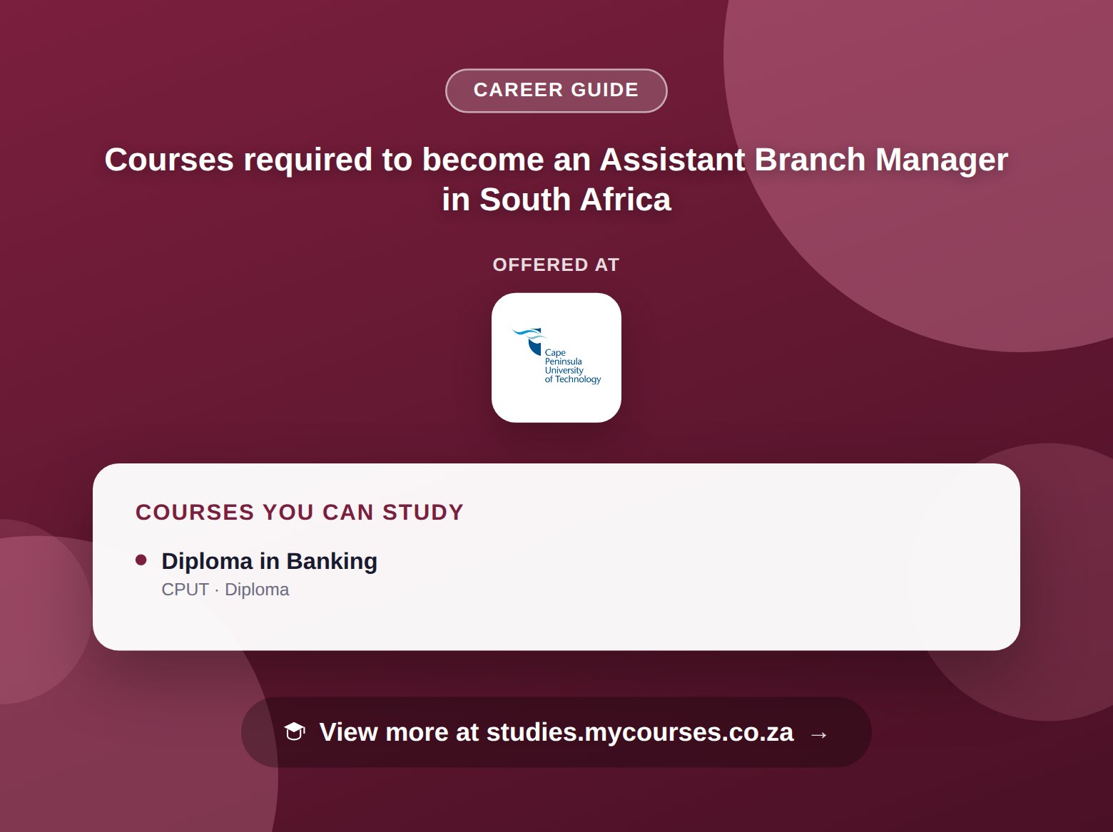 Poster listing courses to become an Assistant Branch Manager in South Africa, offered at Cape Peninsula University of Technology, with a link to studies.mycourses.co.za