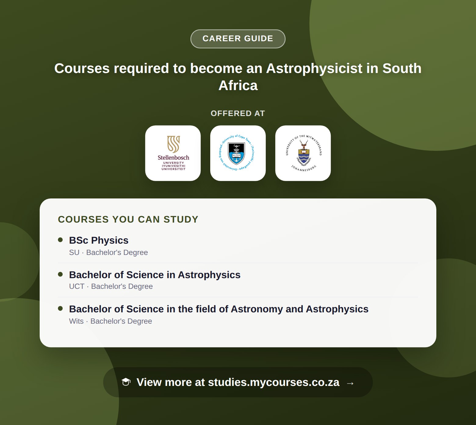 Poster listing courses to become an Astrophysicist in South Africa, offered at Stellenbosch University, University of Cape Town and University of the Witwatersrand, with a link to studies.mycourses.co.za