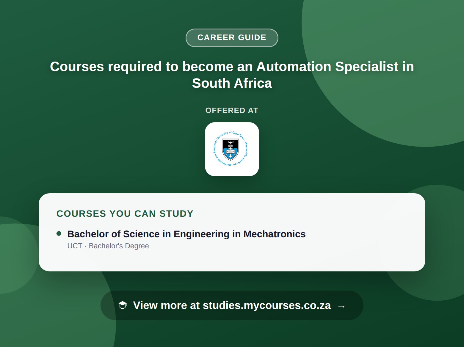 Poster listing courses to become an Automation Specialist in South Africa, offered at University of Cape Town, with a link to studies.mycourses.co.za