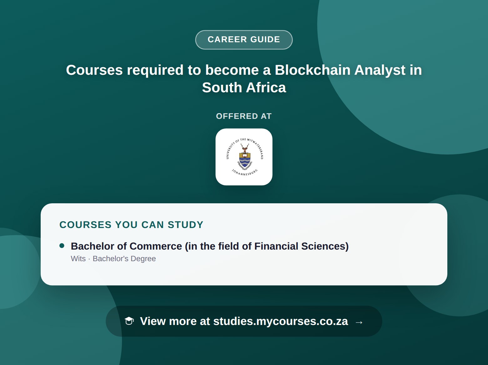 Poster listing courses to become a Blockchain Analyst in South Africa, offered at University of the Witwatersrand, with a link to studies.mycourses.co.za
