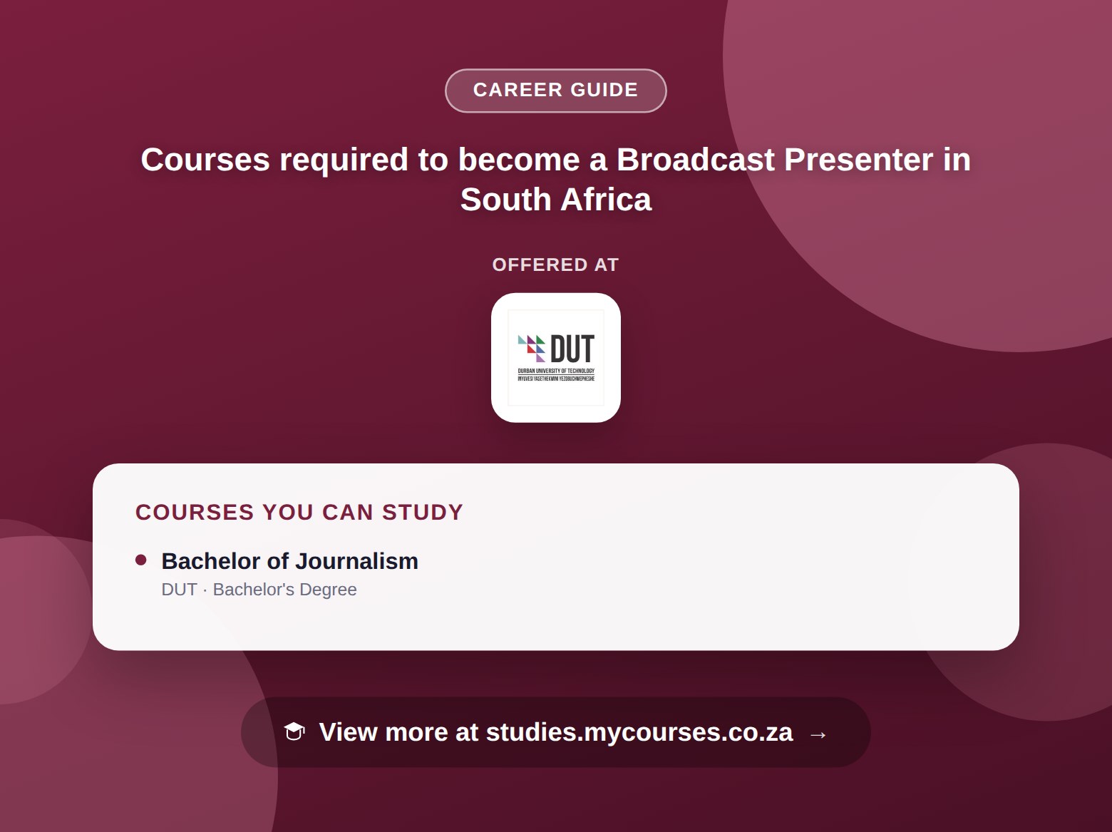 Poster listing courses to become a Broadcast Presenter in South Africa, offered at Durban University of Technology, with a link to studies.mycourses.co.za