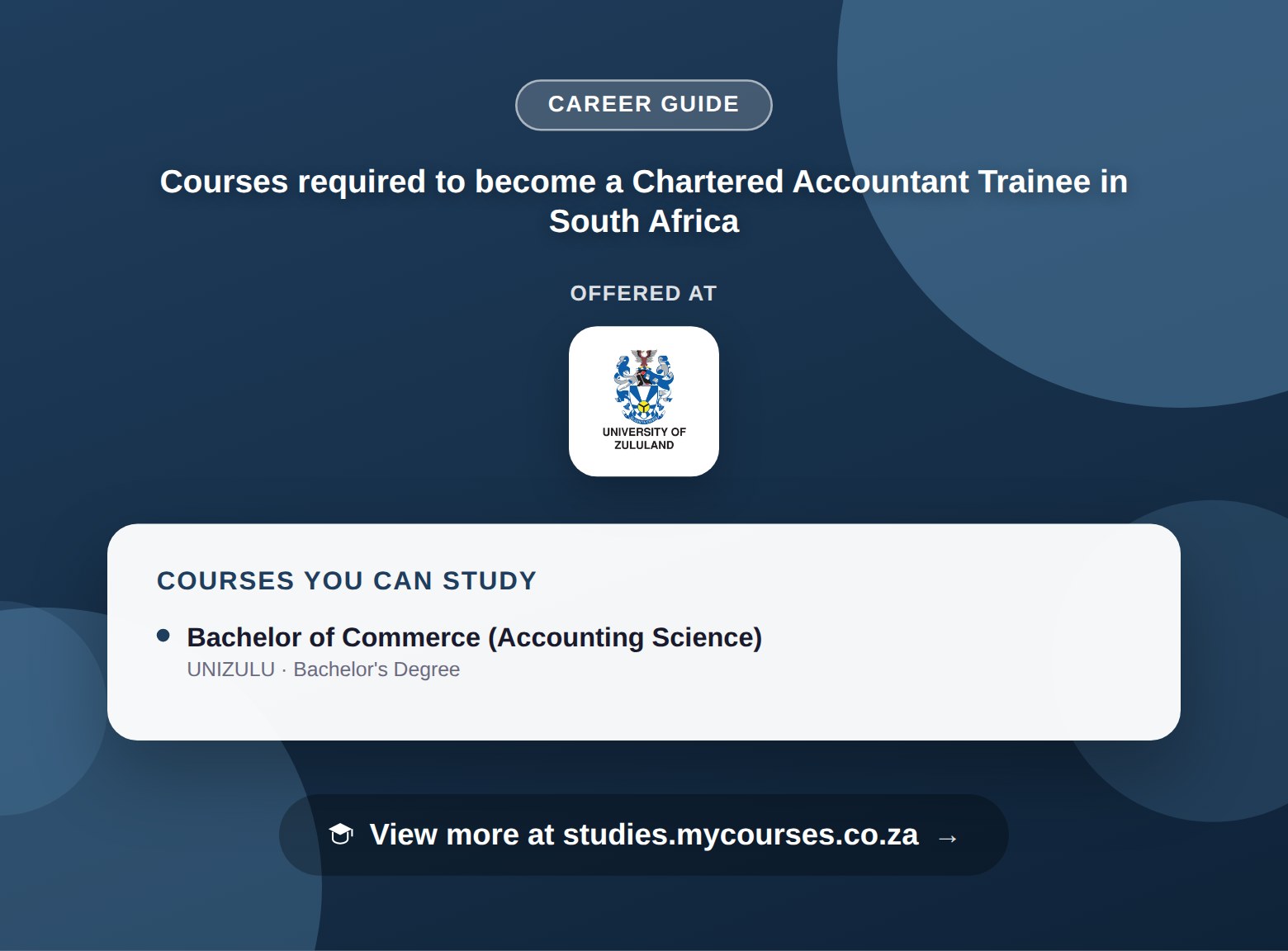 Poster listing courses to become a Chartered Accountant Trainee in South Africa, offered at University of Zululand, with a link to studies.mycourses.co.za