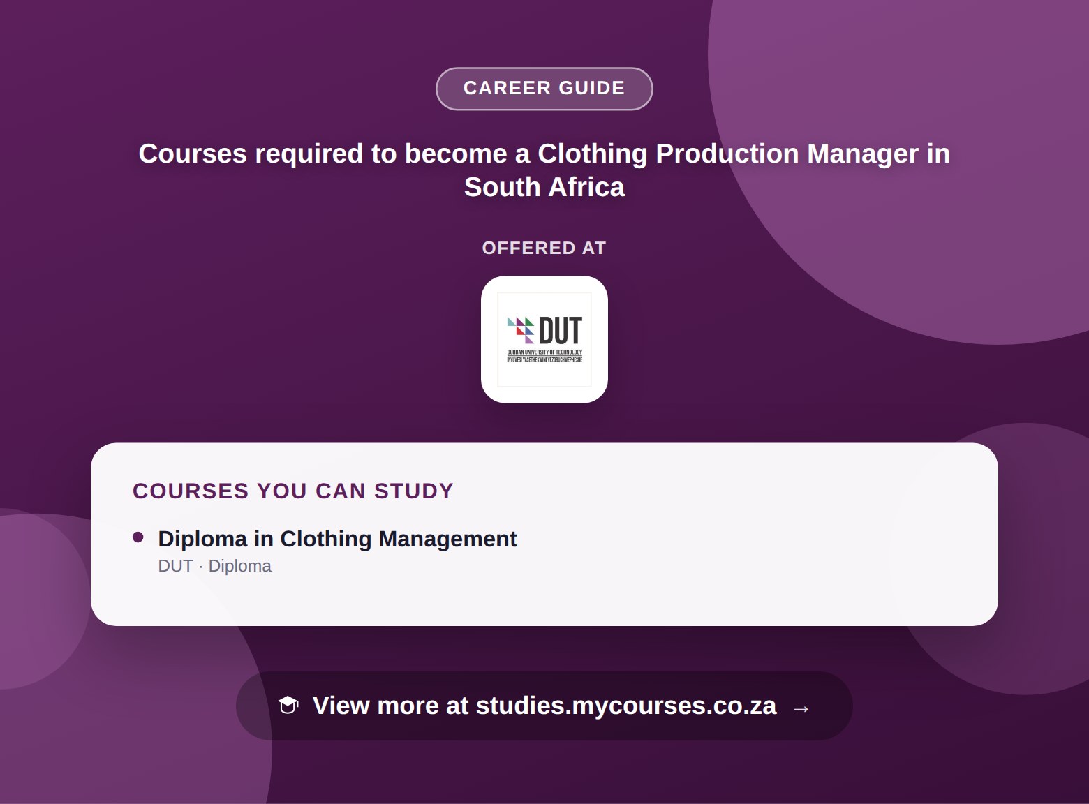 Poster listing courses to become a Clothing Production Manager in South Africa, offered at Durban University of Technology, with a link to studies.mycourses.co.za