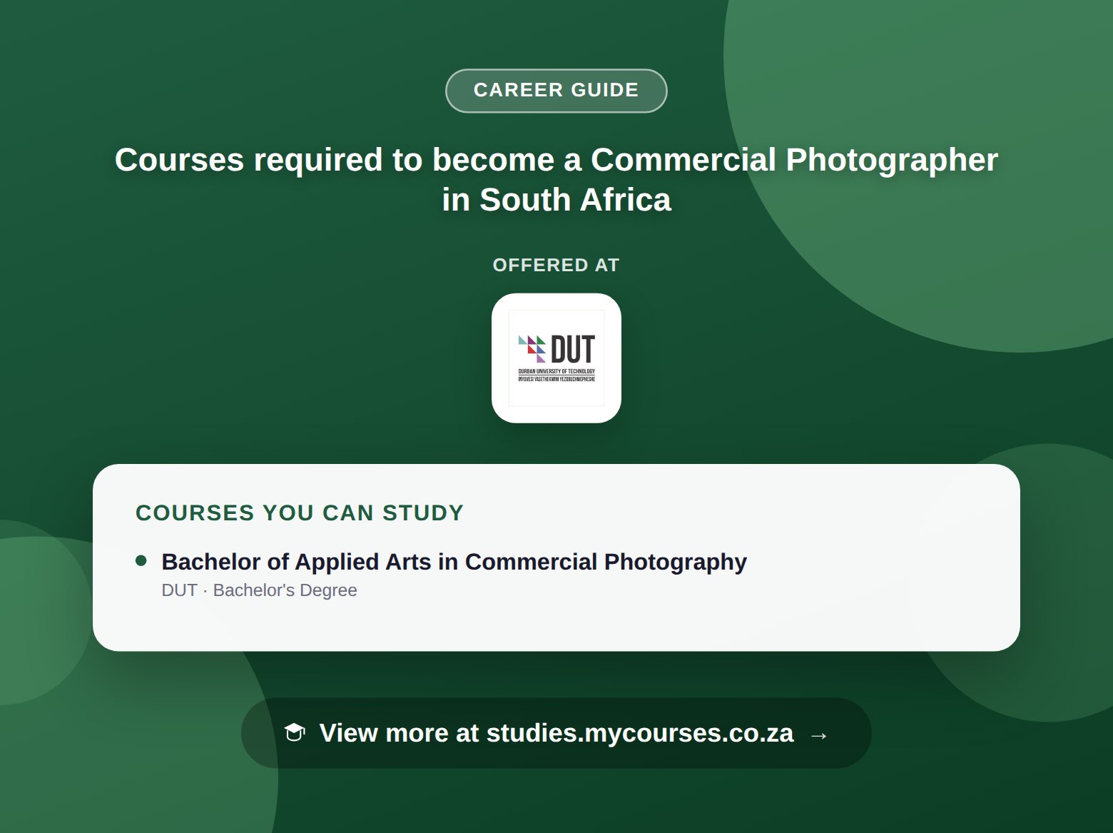 Poster listing courses to become a Commercial Photographer in South Africa, offered at Durban University of Technology, with a link to studies.mycourses.co.za