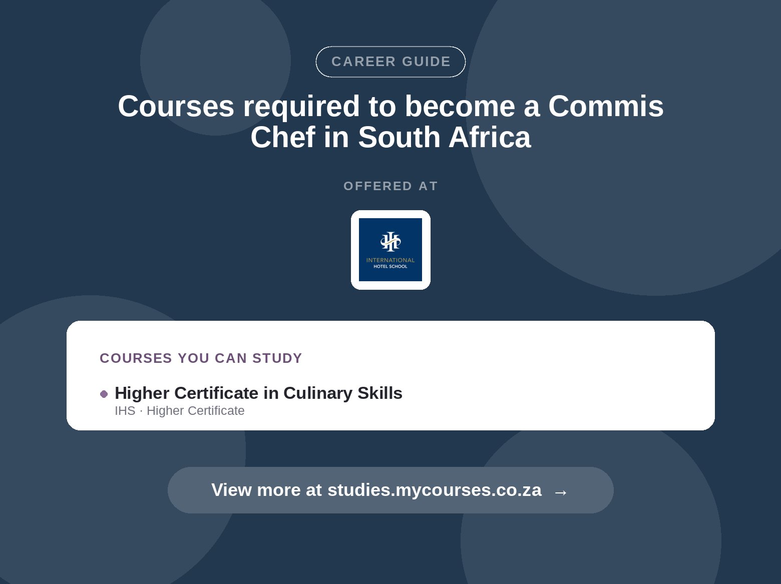 Poster listing courses to become a Commis Chef in South Africa, offered at Capsicum Culinary Studio and International Hotel School, with a link to studies.mycourses.co.za