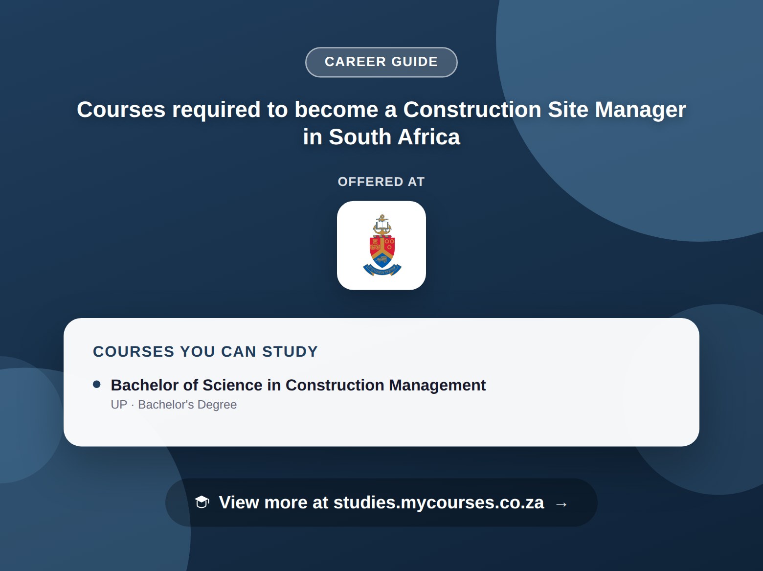 Poster listing courses to become a Construction Site Manager in South Africa, offered at University of Pretoria, with a link to studies.mycourses.co.za