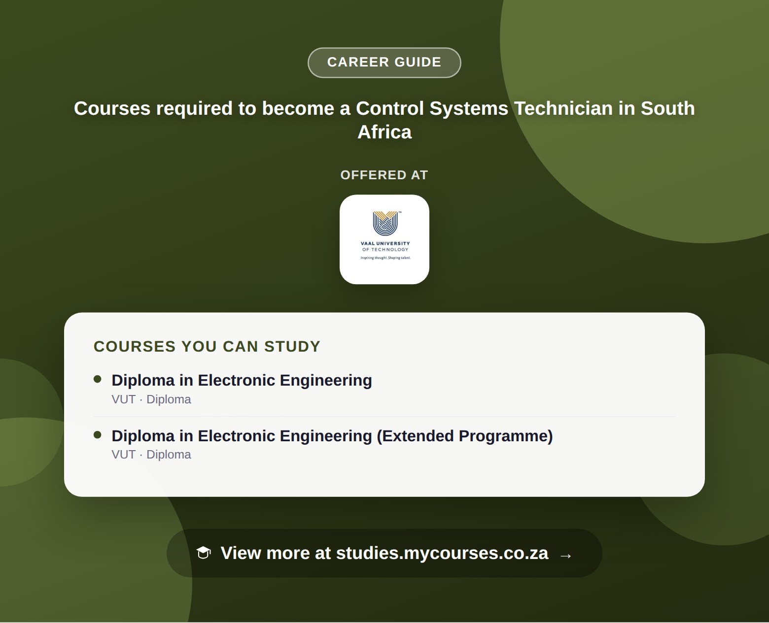 Poster listing courses to become a Control Systems Technician in South Africa, offered at Vaal University of Technology, with a link to studies.mycourses.co.za