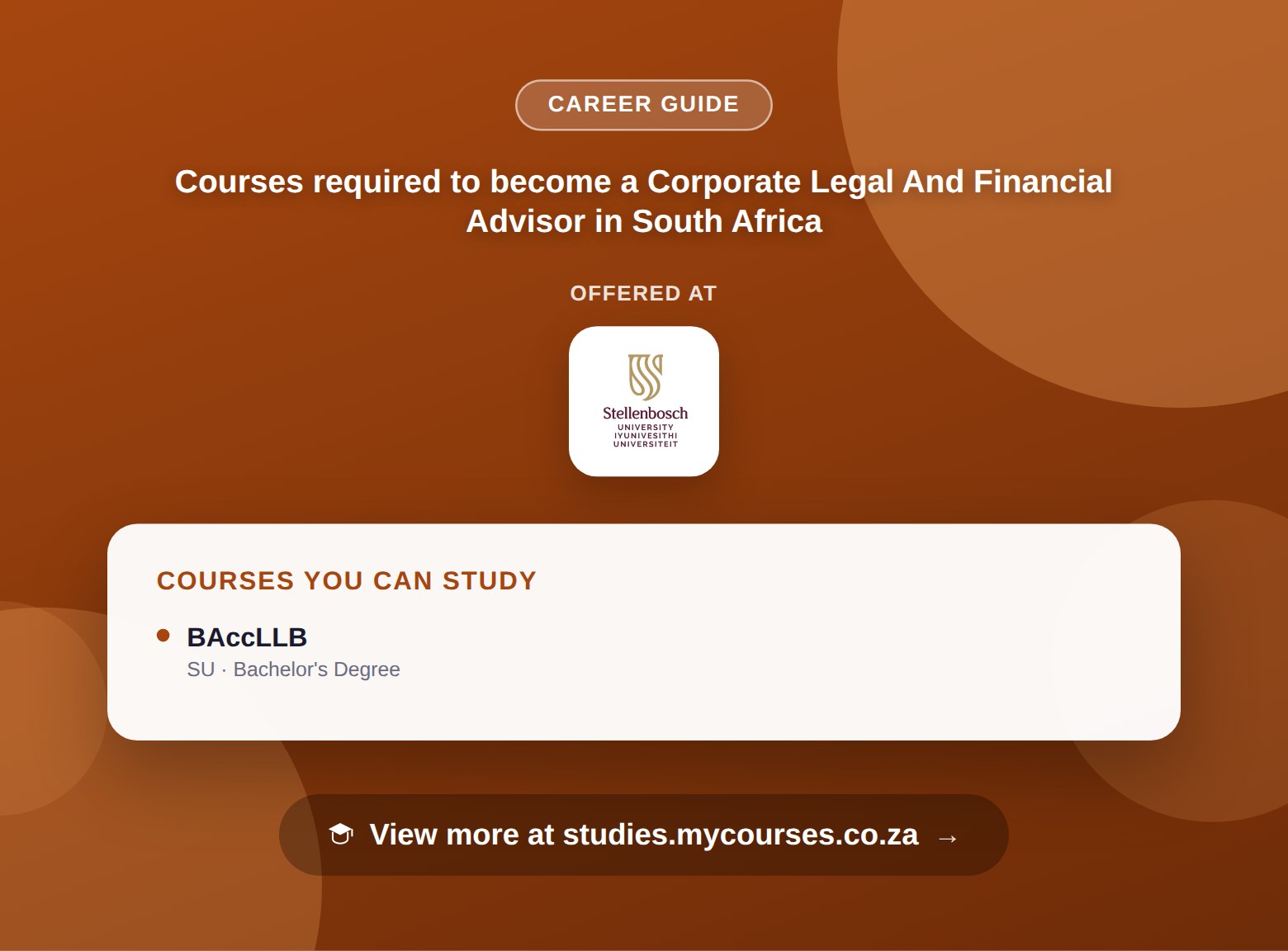 Poster listing courses to become a Corporate Legal And Financial Advisor in South Africa, offered at Stellenbosch University, with a link to studies.mycourses.co.za