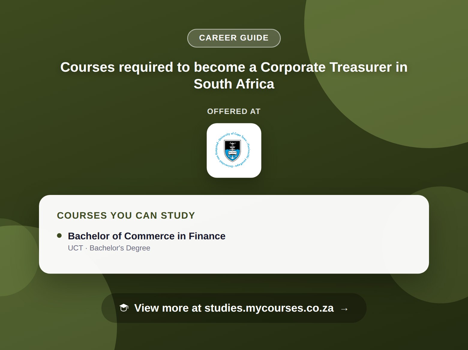 Poster listing courses to become a Corporate Treasurer in South Africa, offered at University of Cape Town, with a link to studies.mycourses.co.za