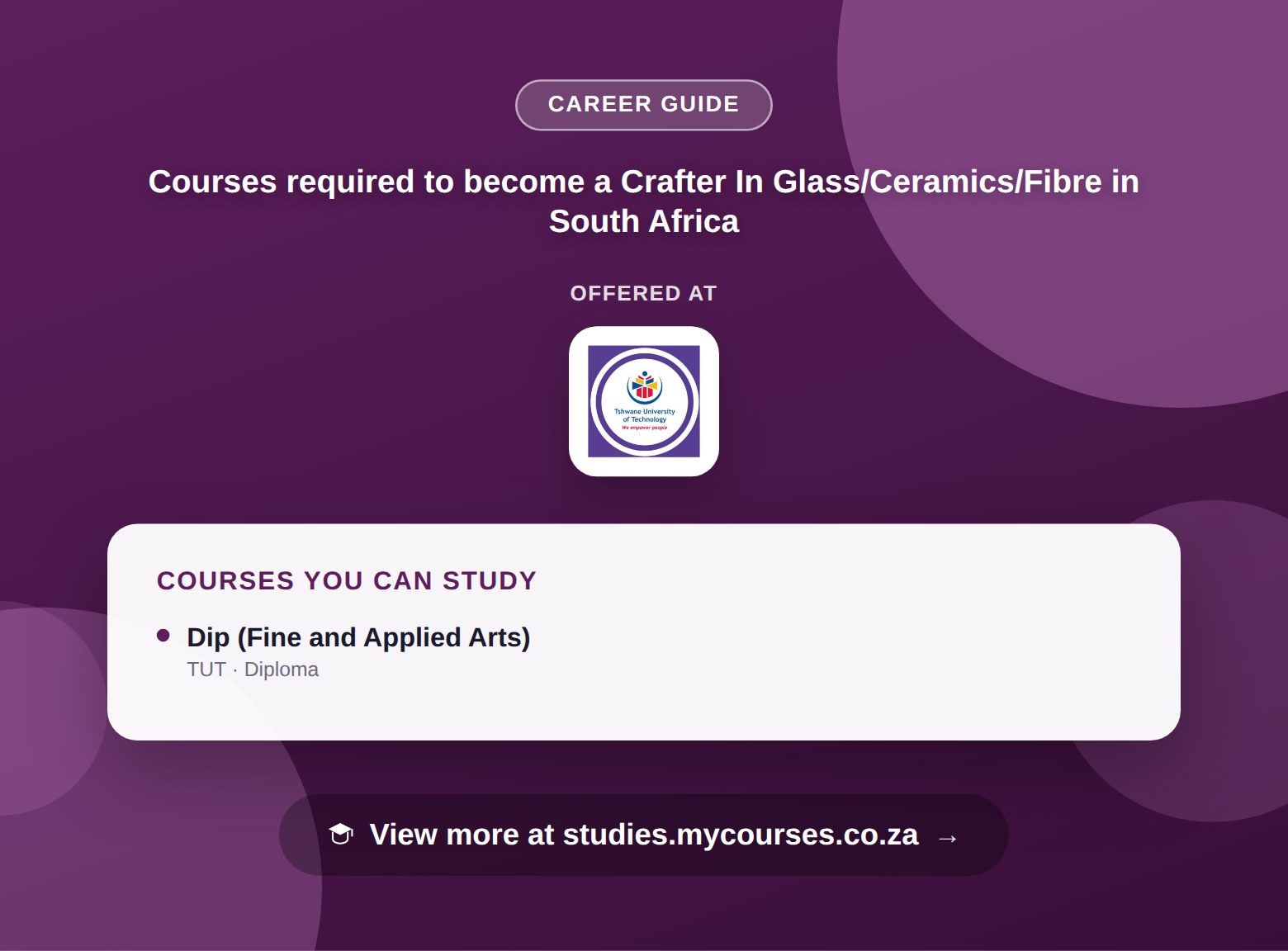 Poster listing courses to become a Crafter In Glass/Ceramics/Fibre in South Africa, offered at Tshwane University of Technology, with a link to studies.mycourses.co.za