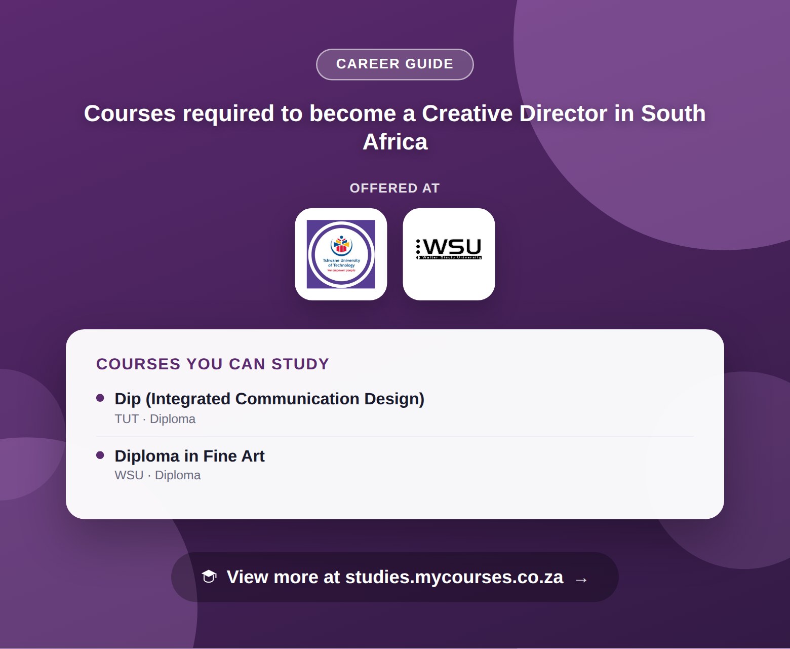 Poster listing courses to become a Creative Director in South Africa, offered at Red and Yellow Creative School of Business, Tshwane University of Technology and Vega School, with a link to studies.mycourses.co.za