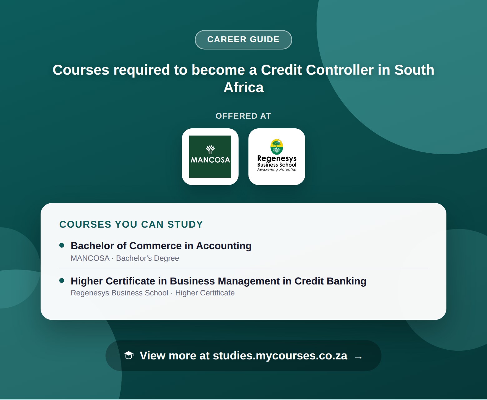 Poster listing courses to become a Credit Controller in South Africa, offered at MANCOSA, Milpark Education and Regenesys Business School, with a link to studies.mycourses.co.za