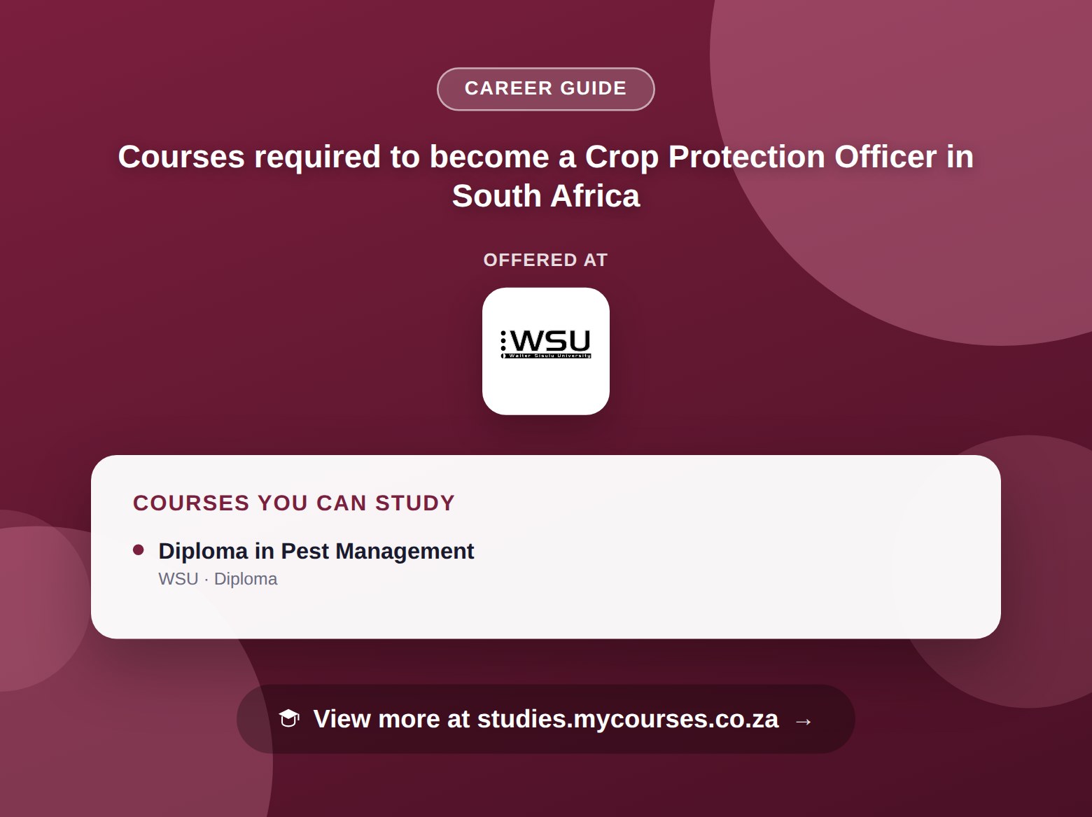 Poster listing courses to become a Crop Protection Officer in South Africa, offered at Walter Sisulu University, with a link to studies.mycourses.co.za