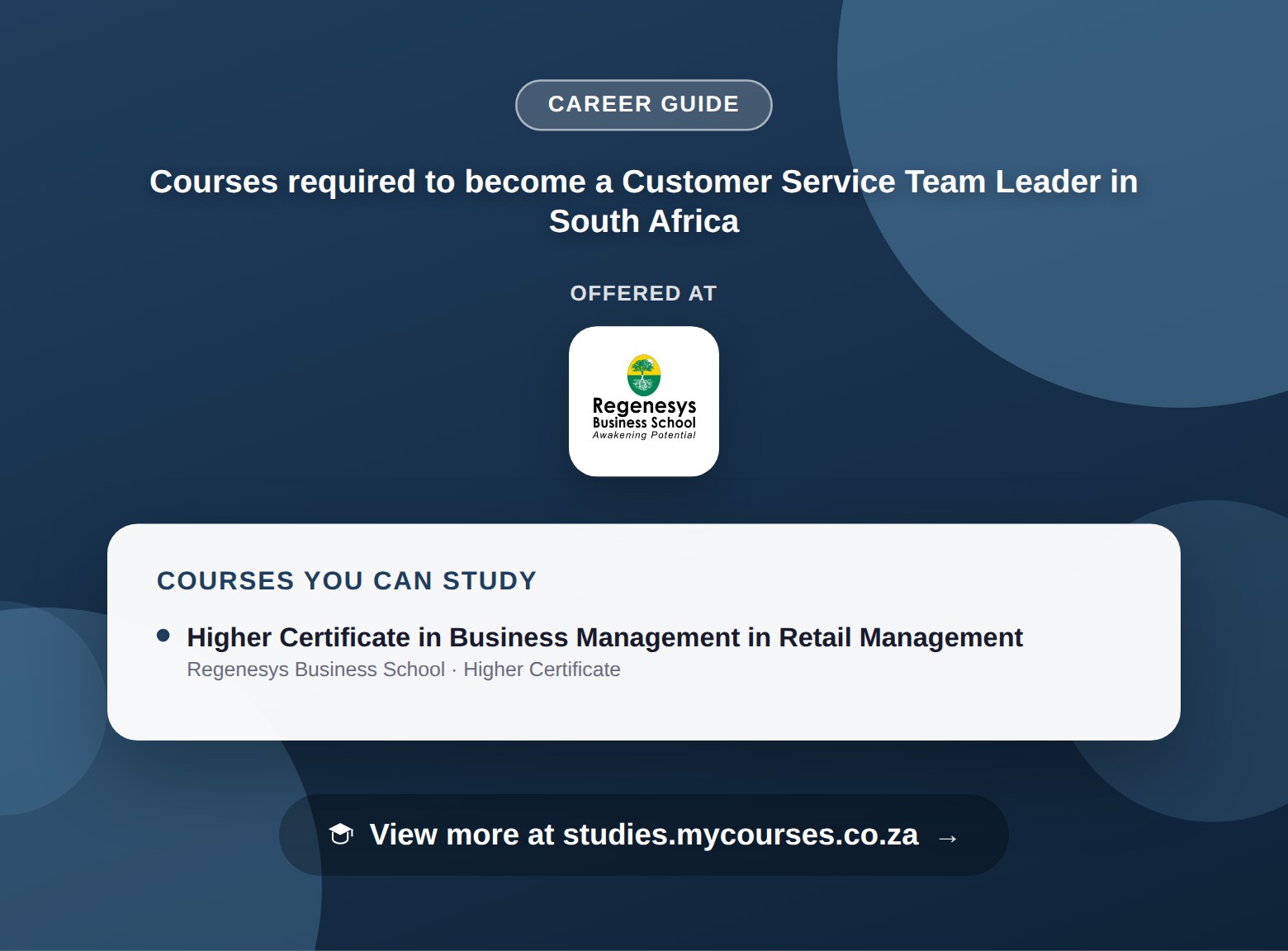 Poster listing courses to become a Customer Service Team Leader in South Africa, offered at Regenesys Business School, with a link to studies.mycourses.co.za