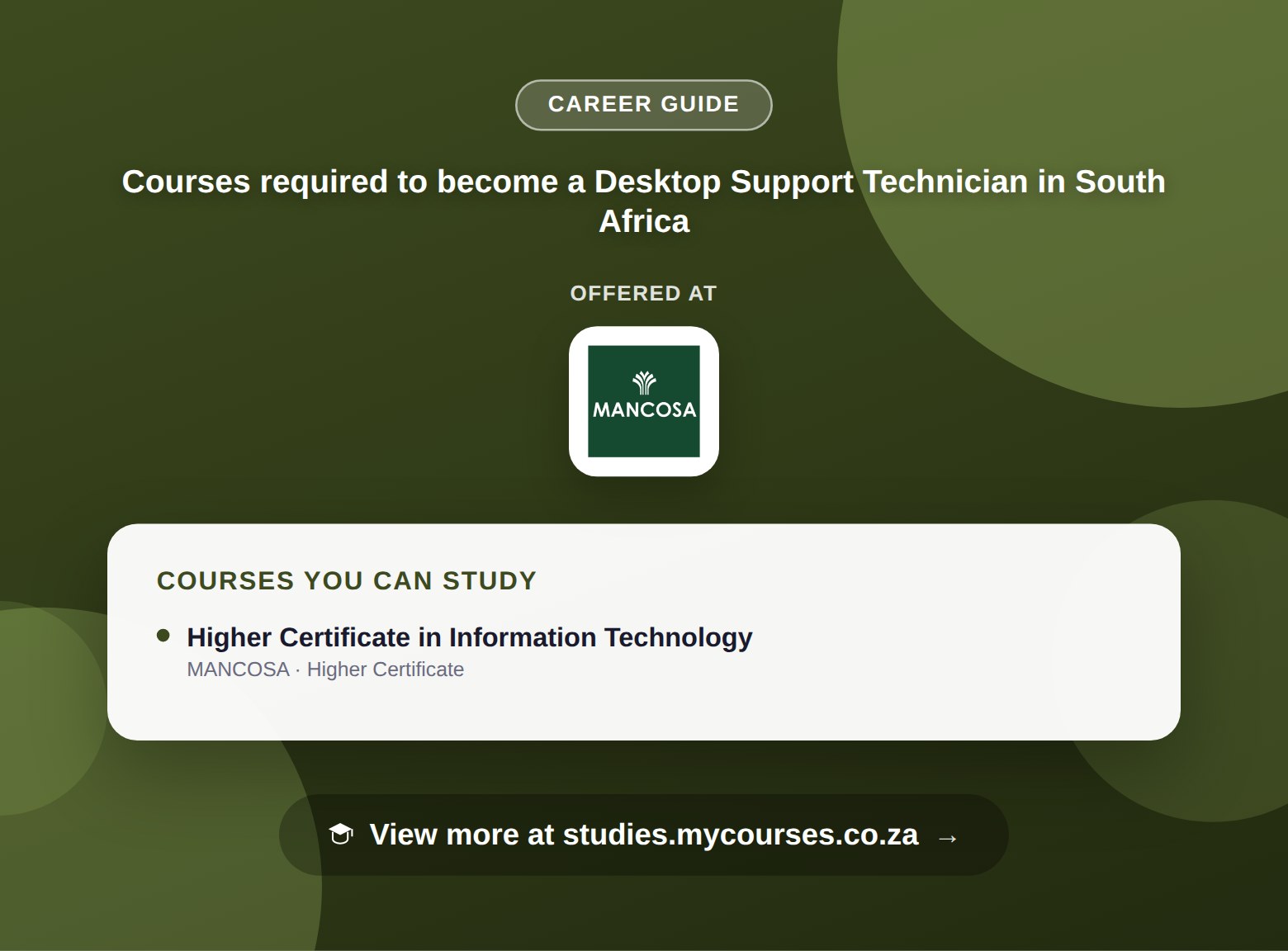 Poster listing courses to become a Desktop Support Technician in South Africa, offered at MANCOSA, with a link to studies.mycourses.co.za