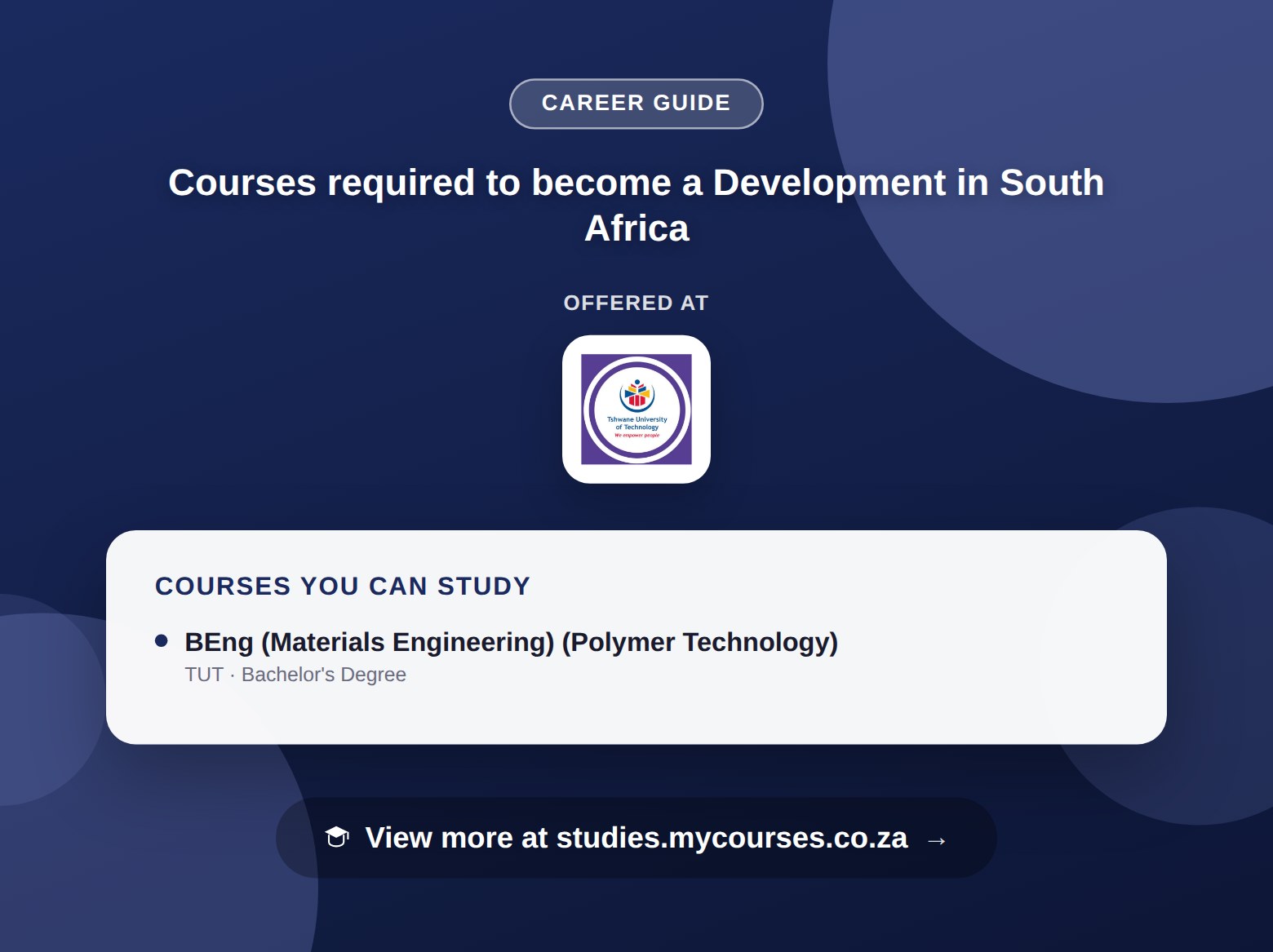 Poster listing courses to become a Development in South Africa, offered at Tshwane University of Technology, with a link to studies.mycourses.co.za