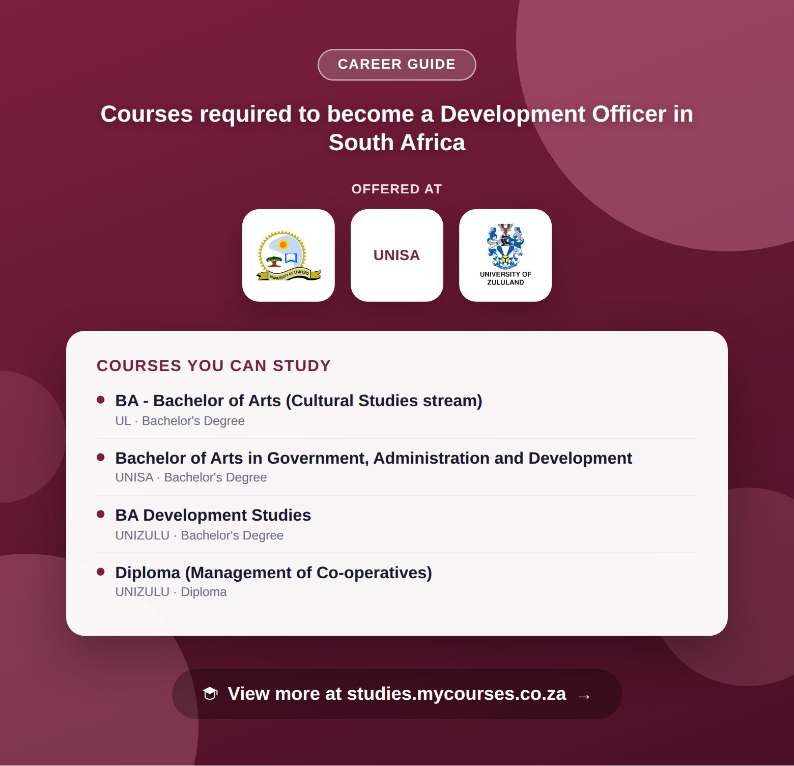 Poster listing courses to become a Development Officer in South Africa, offered at University of Limpopo, University of South Africa and University of Zululand, with a link to studies.mycourses.co.za