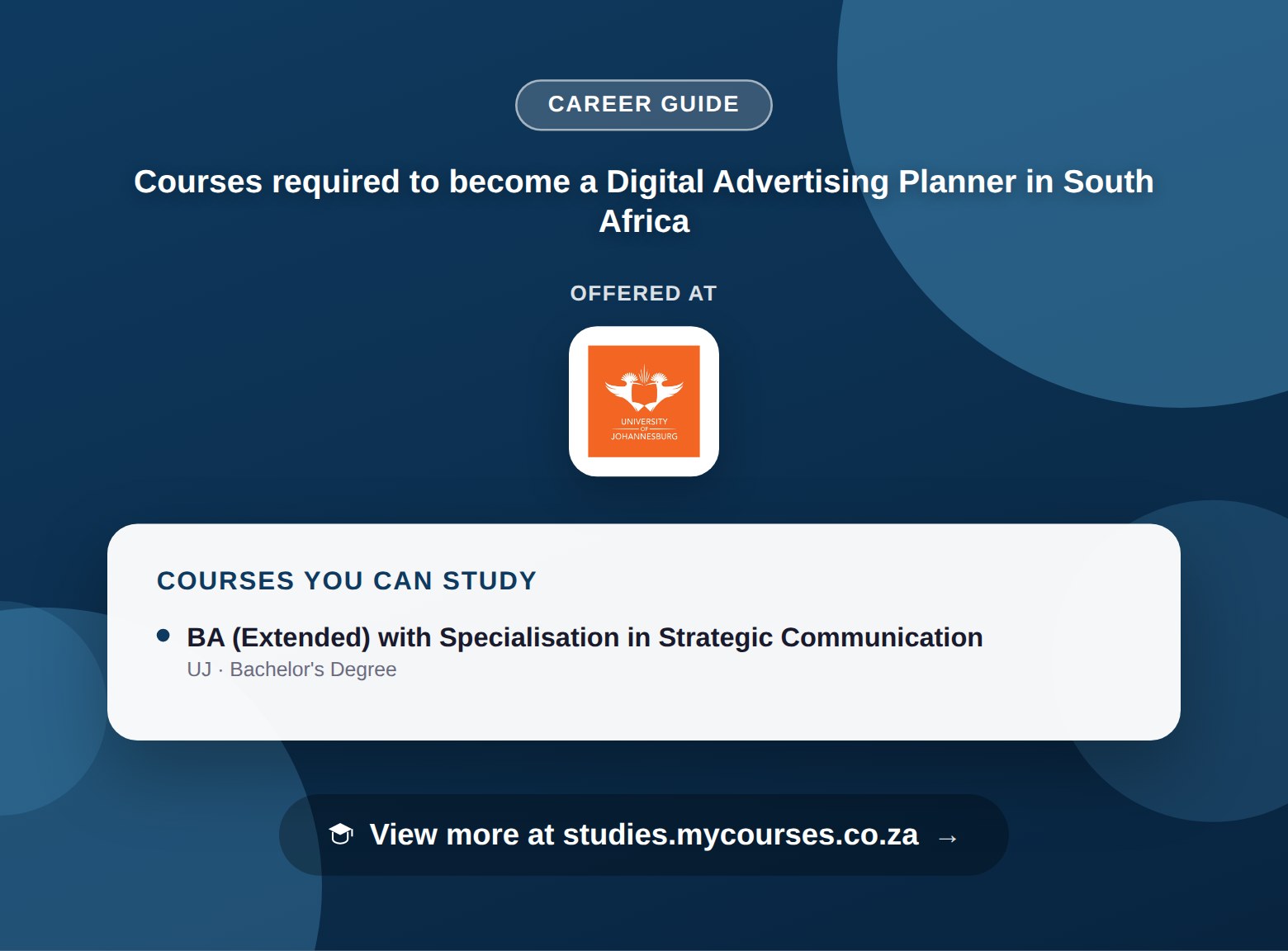 Poster listing courses to become a Digital Advertising Planner in South Africa, offered at University of Johannesburg, with a link to studies.mycourses.co.za