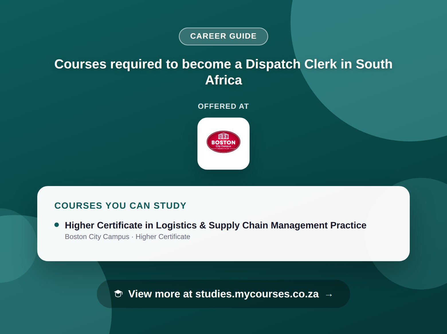 Poster listing courses to become a Dispatch Clerk in South Africa, offered at Boston City Campus and Rosebank College, with a link to studies.mycourses.co.za