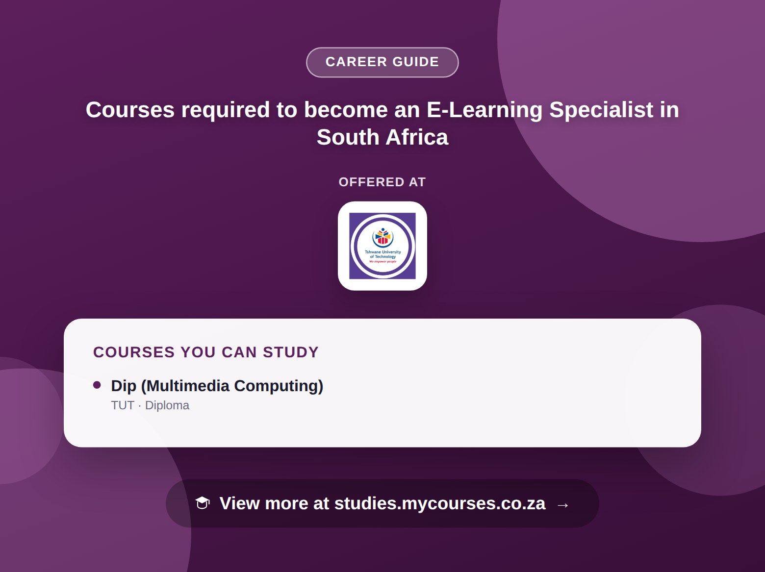 Poster listing courses to become an E-Learning Specialist in South Africa, offered at Tshwane University of Technology, with a link to studies.mycourses.co.za