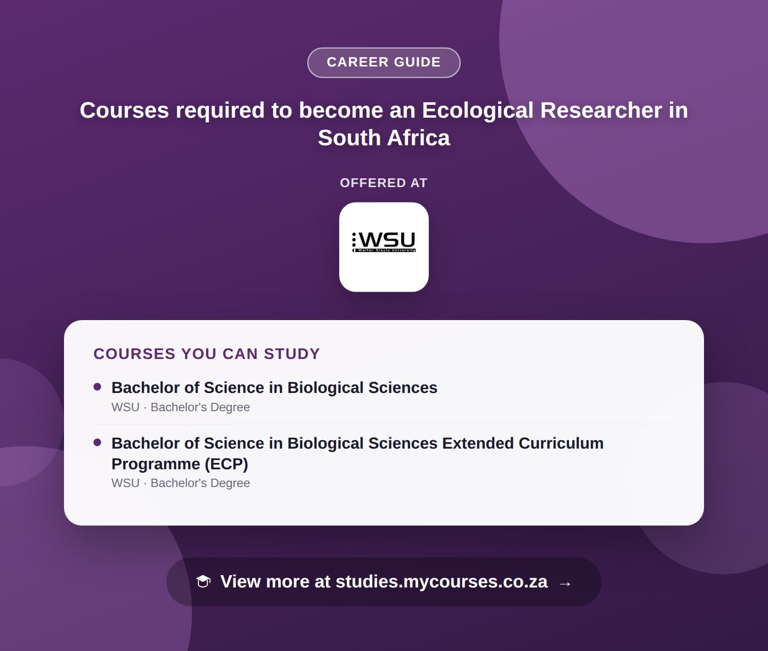 Poster listing courses to become an Ecological Researcher in South Africa, offered at Walter Sisulu University, with a link to studies.mycourses.co.za