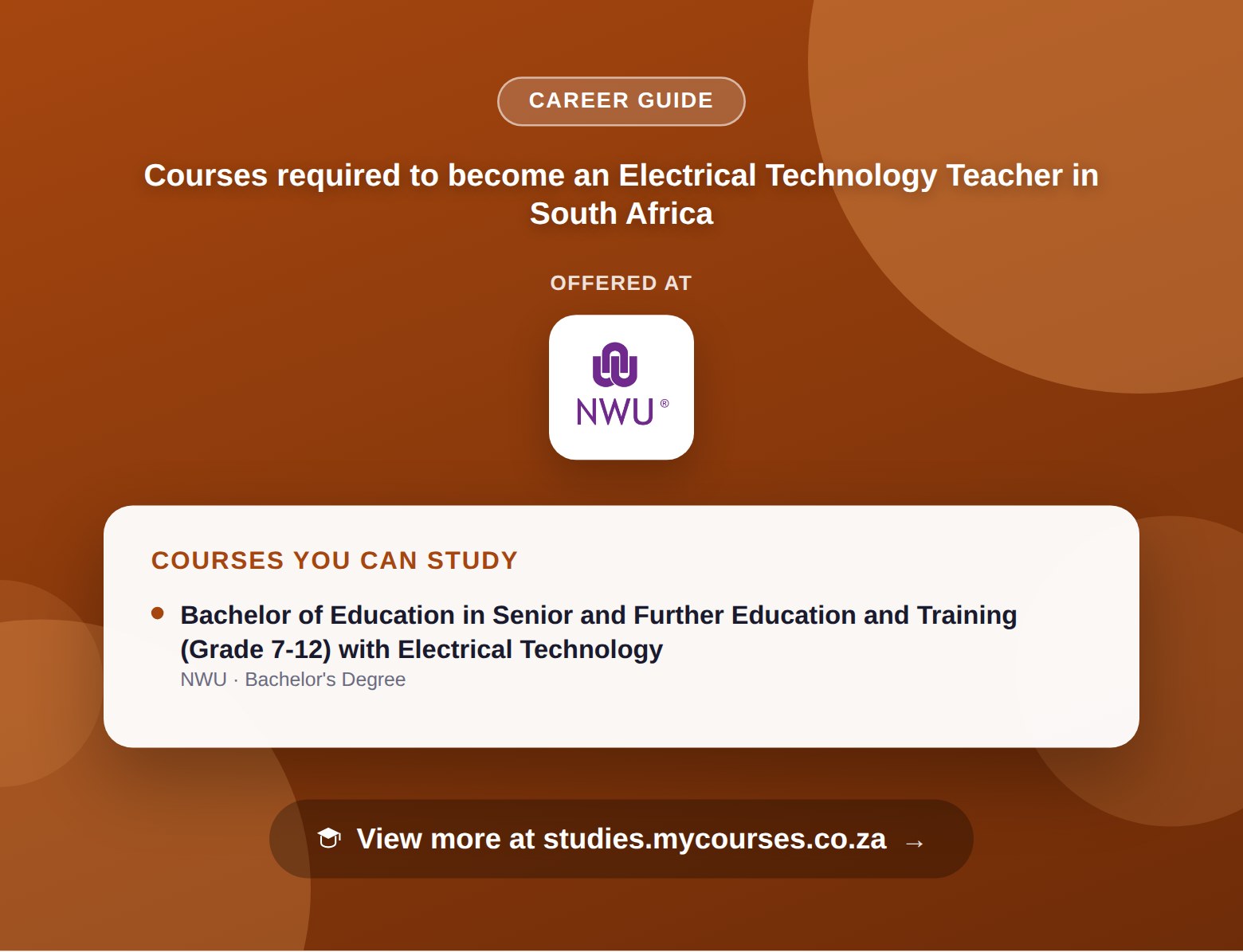 Poster listing courses to become an Electrical Technology Teacher in South Africa, offered at North-West University, with a link to studies.mycourses.co.za