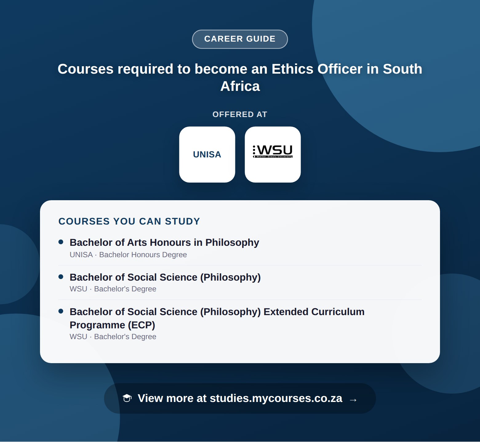 Poster listing courses to become an Ethics Officer in South Africa, offered at University of South Africa and Walter Sisulu University, with a link to studies.mycourses.co.za