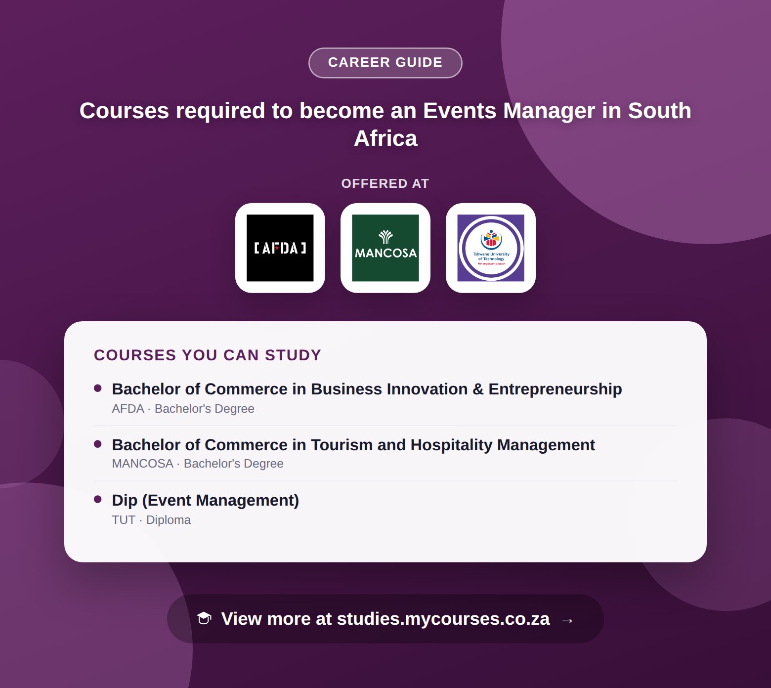 Poster listing courses to become an Events Manager in South Africa, offered at AFDA, Helderberg College of Higher Education and MANCOSA, with a link to studies.mycourses.co.za