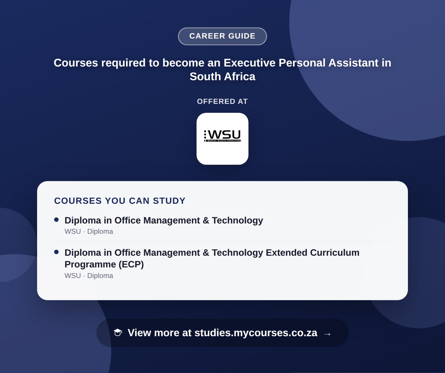 Poster listing courses to become an Executive Personal Assistant in South Africa, offered at Walter Sisulu University, with a link to studies.mycourses.co.za