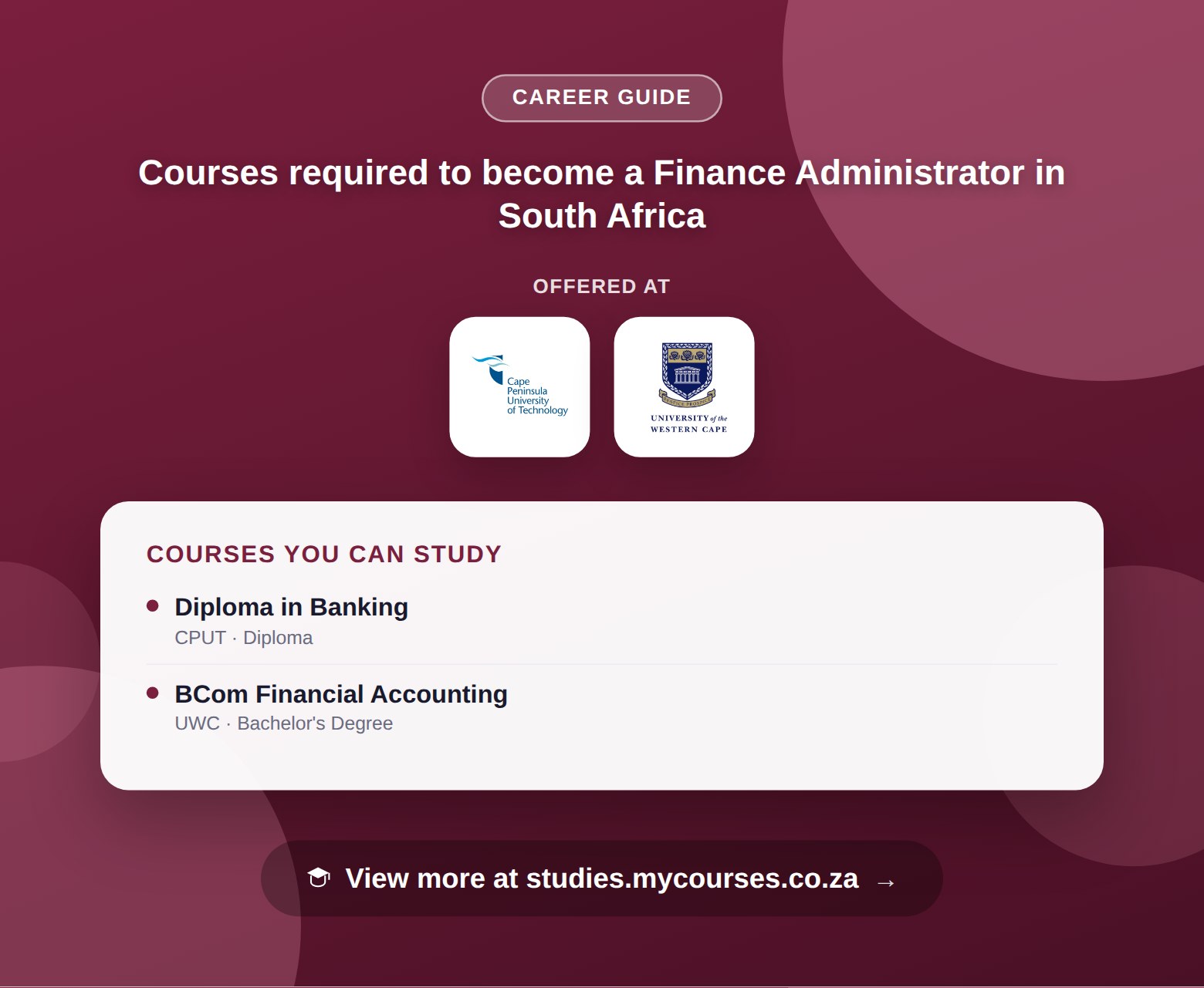 Poster listing courses to become a Finance Administrator in South Africa, offered at Berea College of Technology, Cape Peninsula University of Technology and University of the Western Cape, with a link to studies.mycourses.co.za
