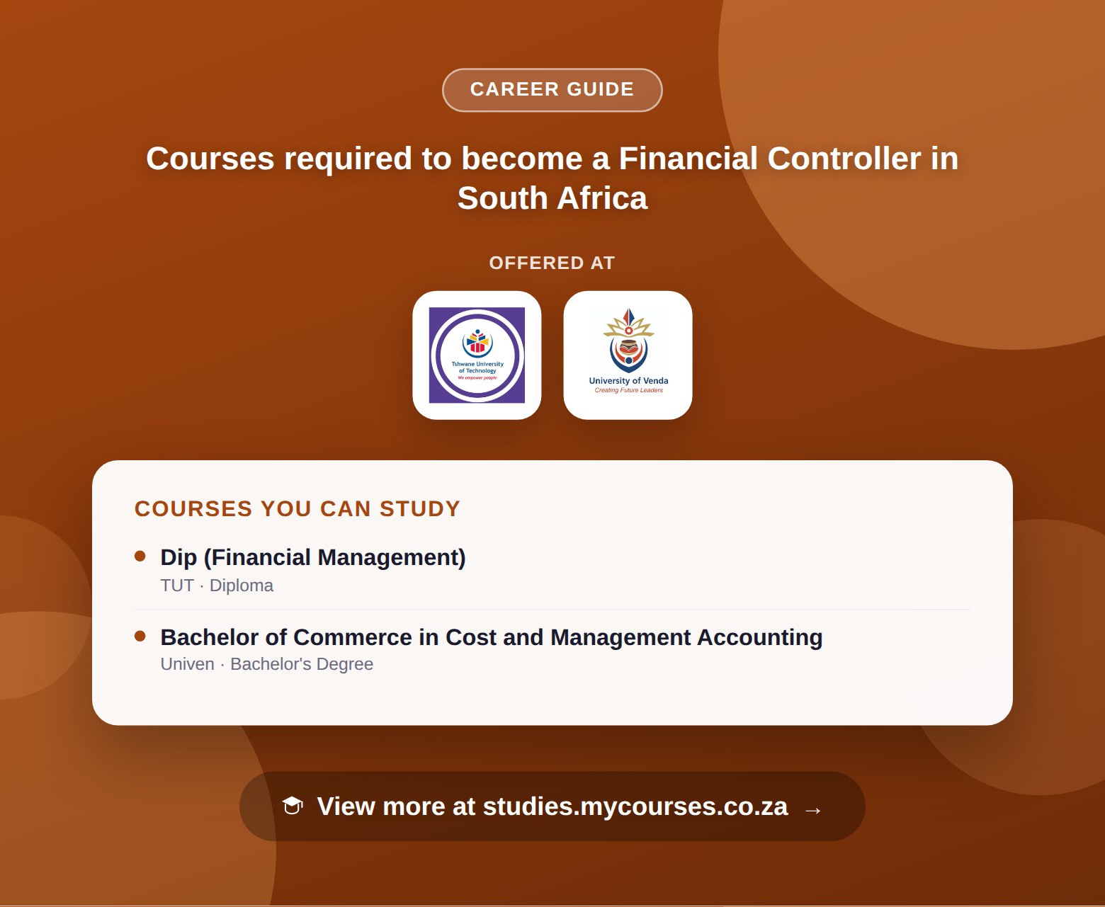 Poster listing courses to become a Financial Controller in South Africa, offered at Rosebank College, STADIO Higher Education and Tshwane University of Technology, with a link to studies.mycourses.co.za