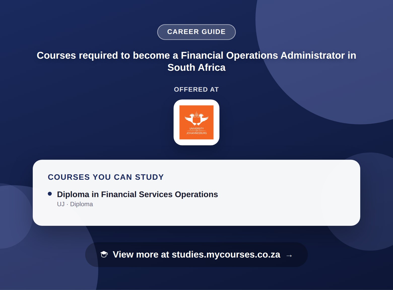 Poster listing courses to become a Financial Operations Administrator in South Africa, offered at University of Johannesburg, with a link to studies.mycourses.co.za