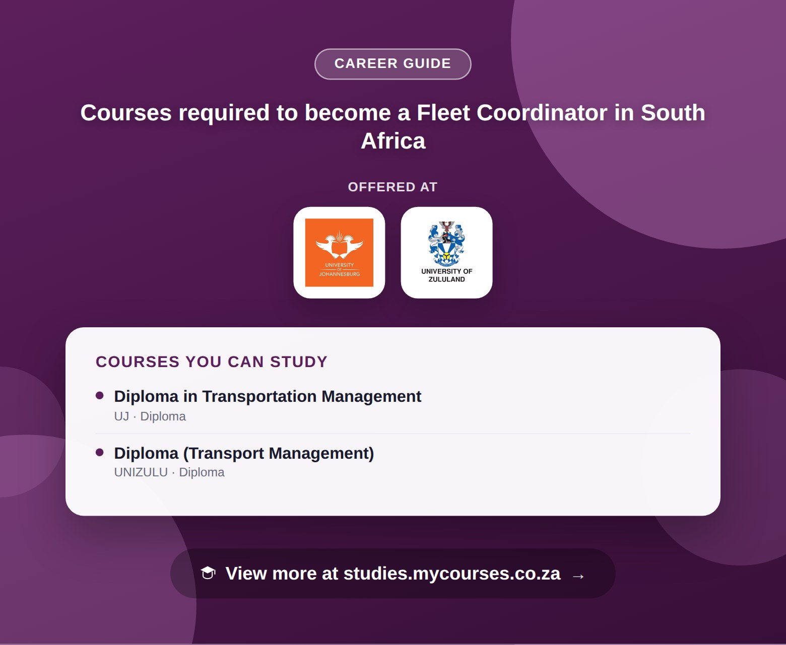 Poster listing courses to become a Fleet Coordinator in South Africa, offered at University of Johannesburg and University of Zululand, with a link to studies.mycourses.co.za