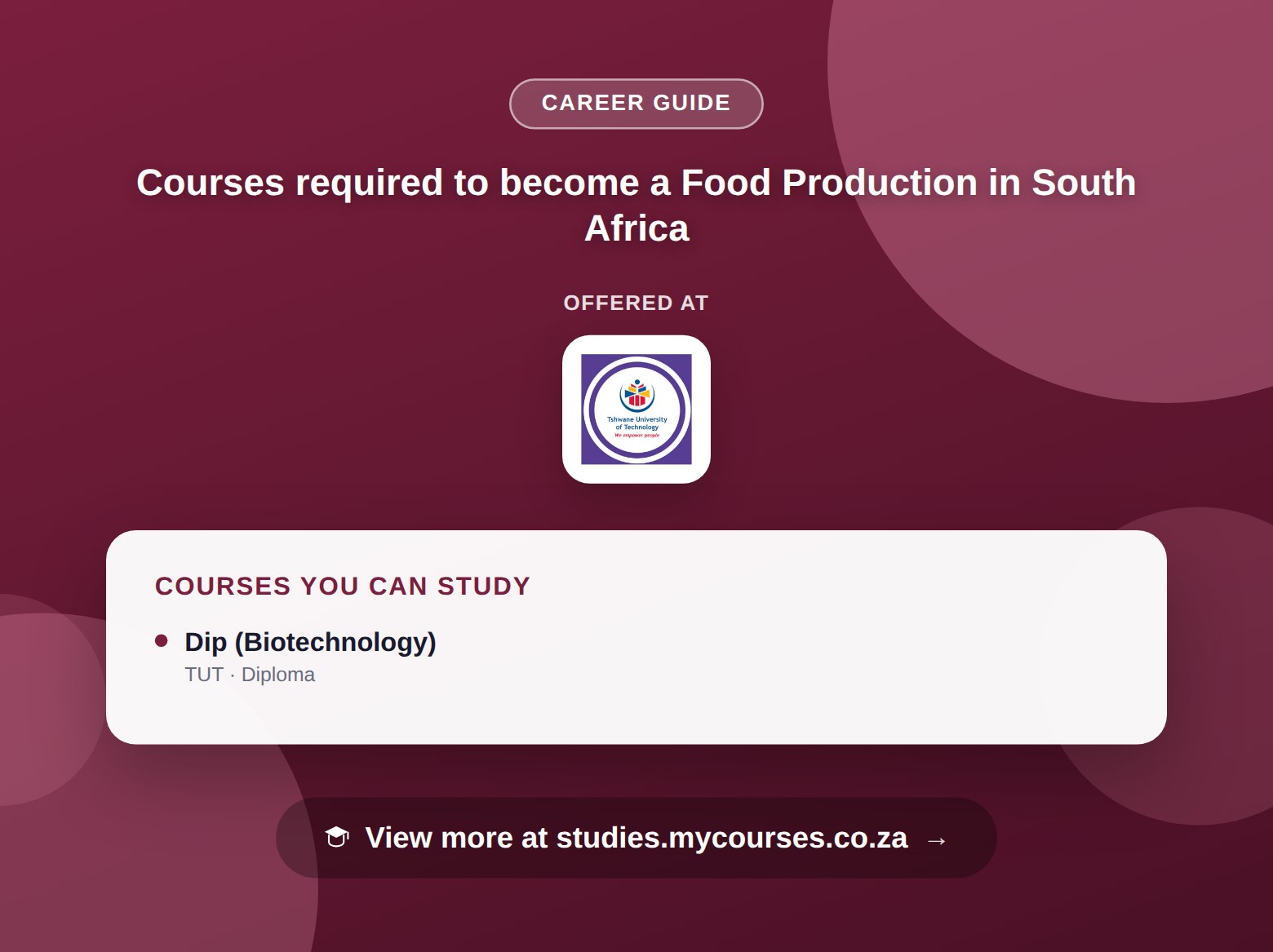 Poster listing courses to become a Food Production in South Africa, offered at Tshwane University of Technology, with a link to studies.mycourses.co.za