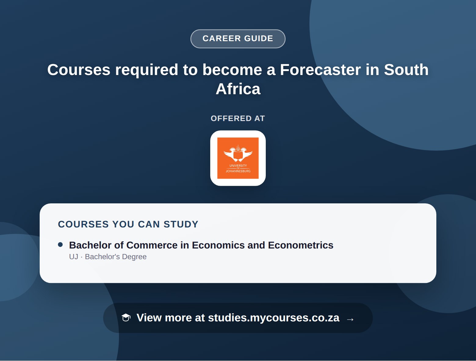 Poster listing courses to become a Forecaster in South Africa, offered at University of Johannesburg, with a link to studies.mycourses.co.za