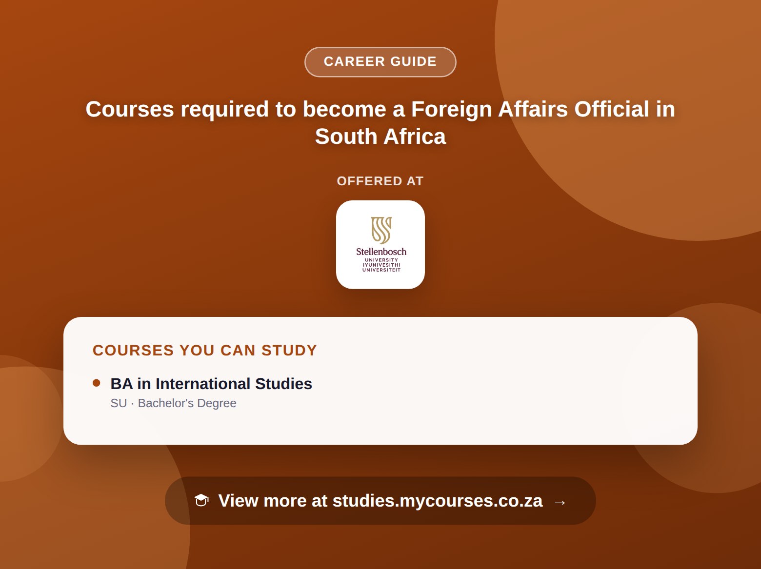 Poster listing courses to become a Foreign Affairs Official in South Africa, offered at Stellenbosch University, with a link to studies.mycourses.co.za