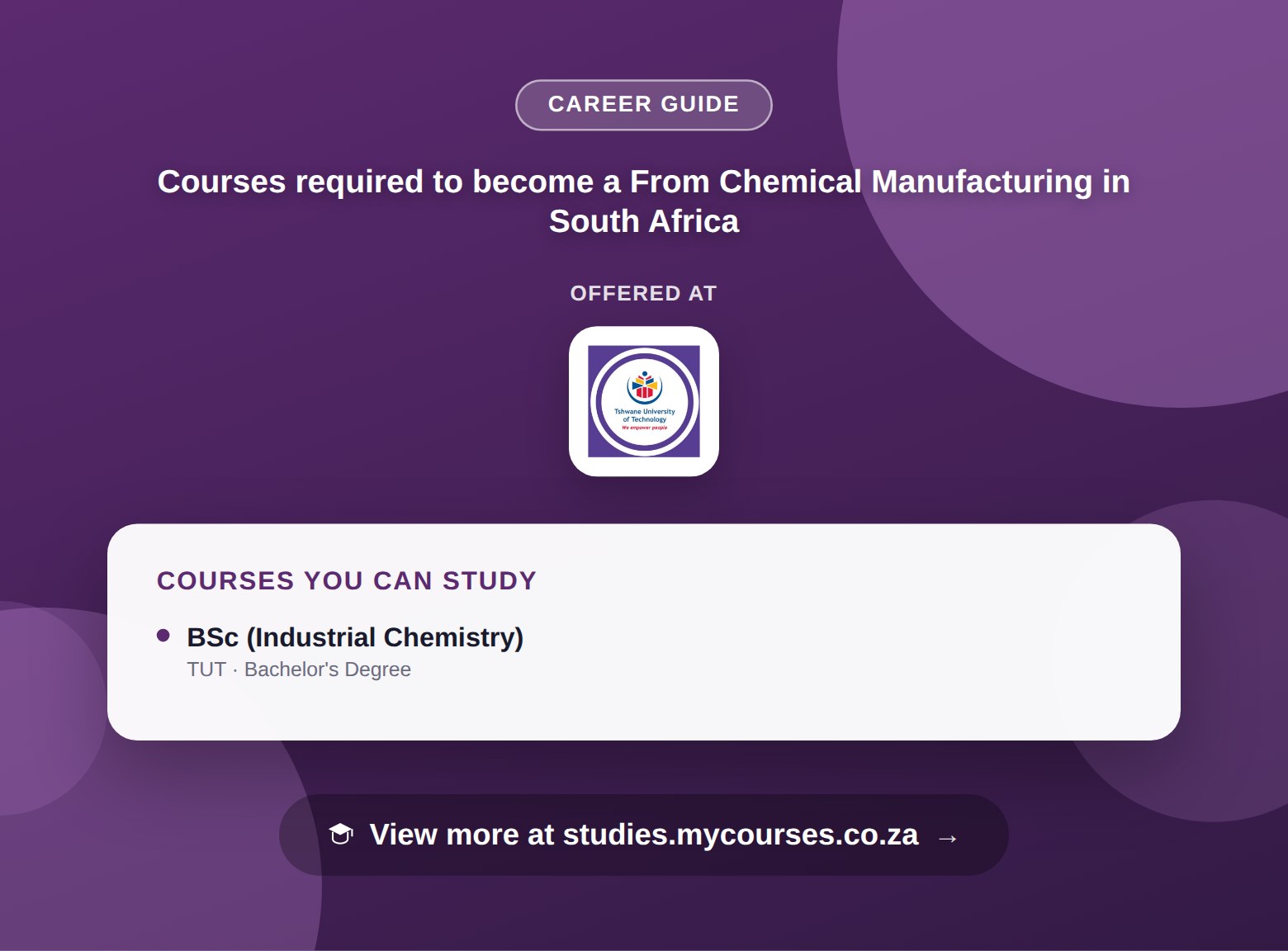 Poster listing courses to become a From Chemical Manufacturing in South Africa, offered at Tshwane University of Technology, with a link to studies.mycourses.co.za