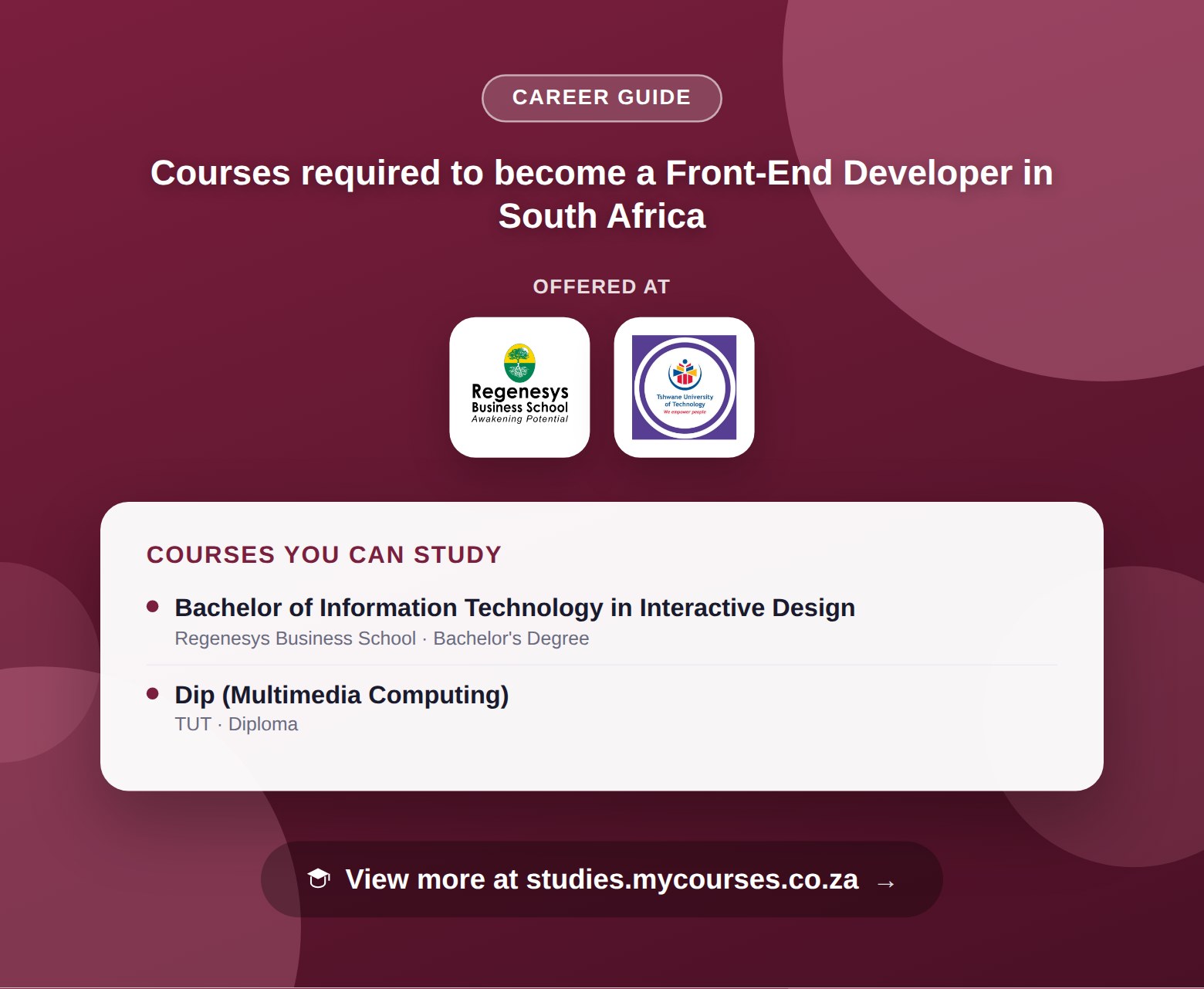 Poster listing courses to become a Front-End Developer in South Africa, offered at Regenesys Business School and Tshwane University of Technology, with a link to studies.mycourses.co.za
