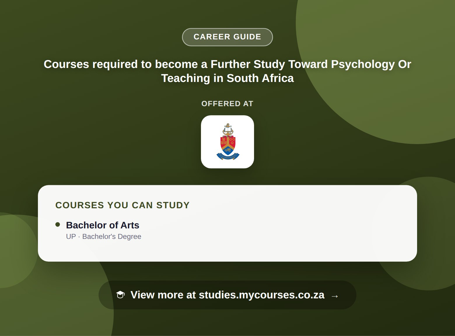 Poster listing courses to become a Further Study Toward Psychology Or Teaching in South Africa, offered at University of Pretoria, with a link to studies.mycourses.co.za