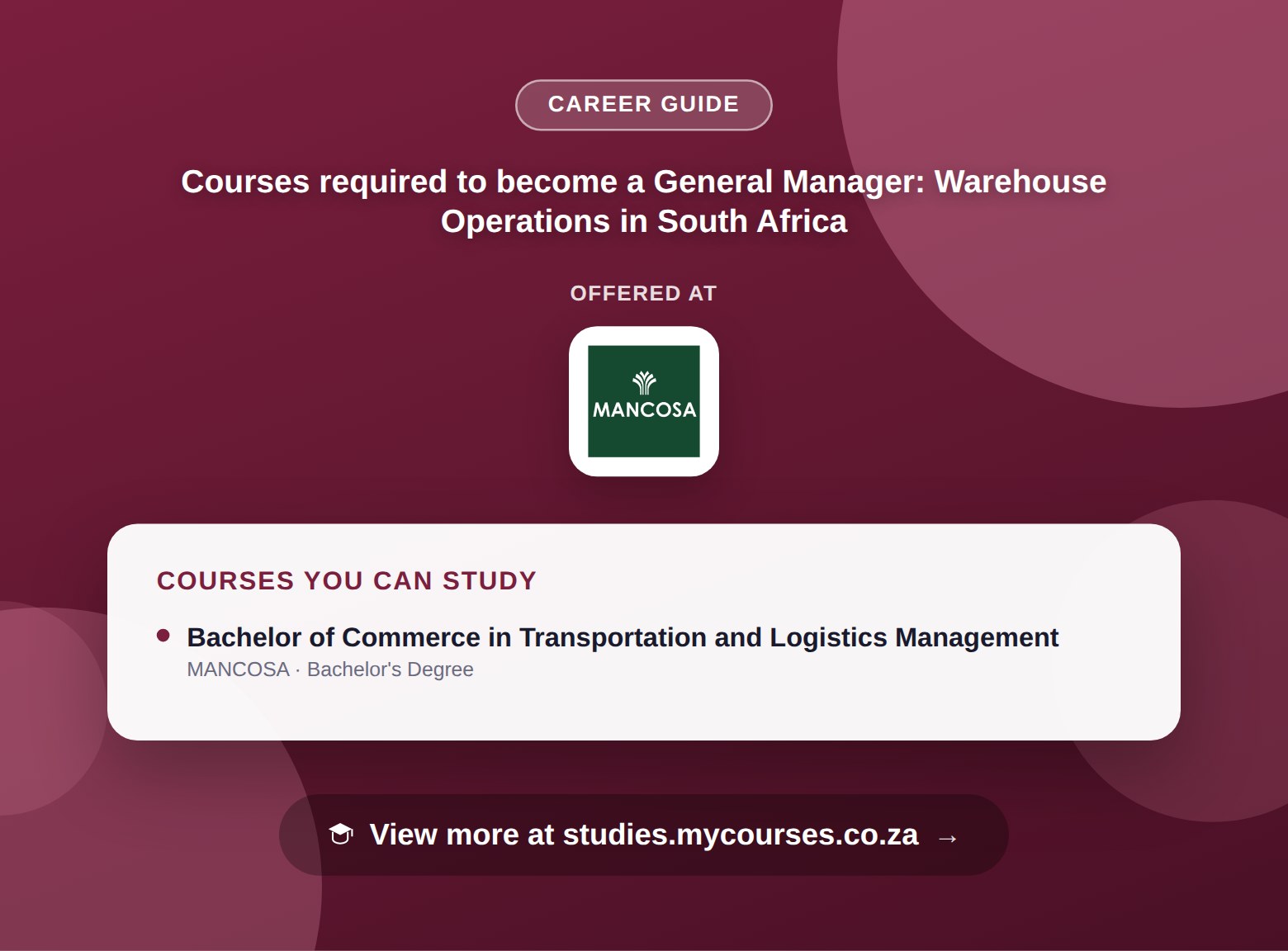 Poster listing courses to become a General Manager: Warehouse Operations in South Africa, offered at MANCOSA, with a link to studies.mycourses.co.za