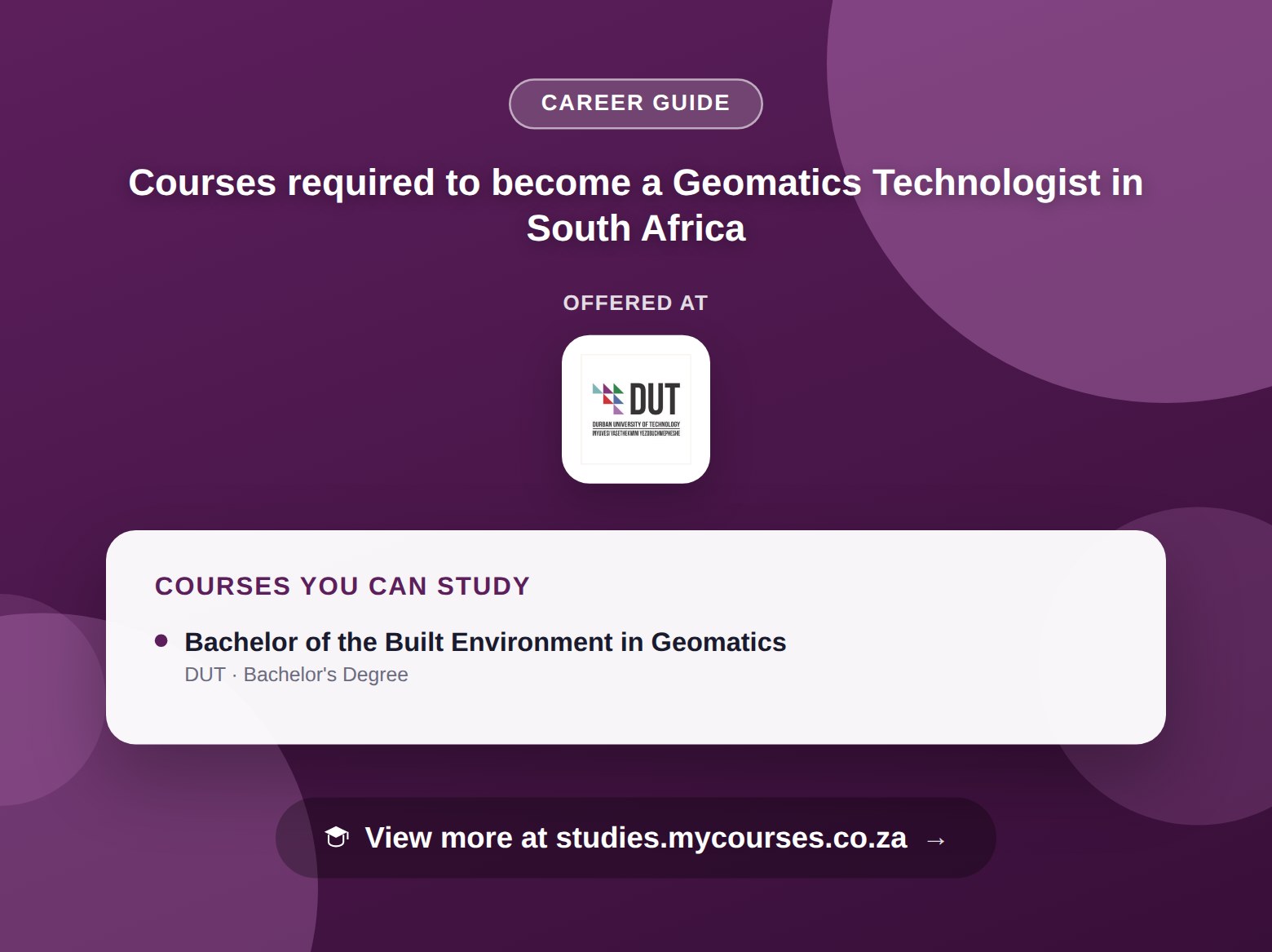 Poster listing courses to become a Geomatics Technologist in South Africa, offered at Durban University of Technology, with a link to studies.mycourses.co.za