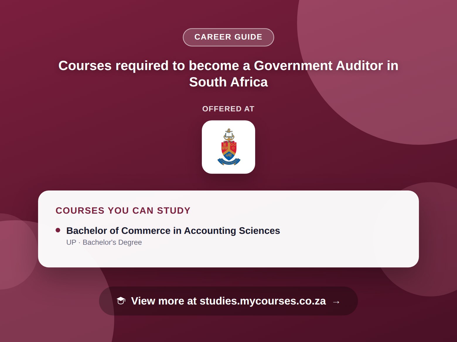 Poster listing courses to become a Government Auditor in South Africa, offered at University of Pretoria, with a link to studies.mycourses.co.za