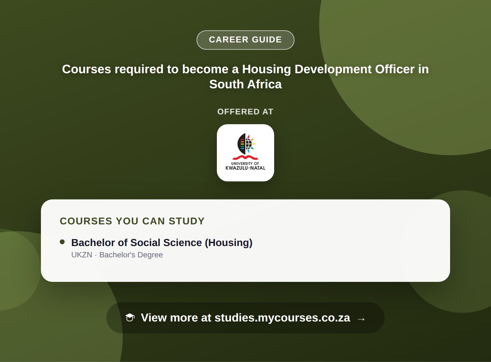 Poster listing courses to become a Housing Development Officer in South Africa, offered at University of KwaZulu-Natal, with a link to studies.mycourses.co.za