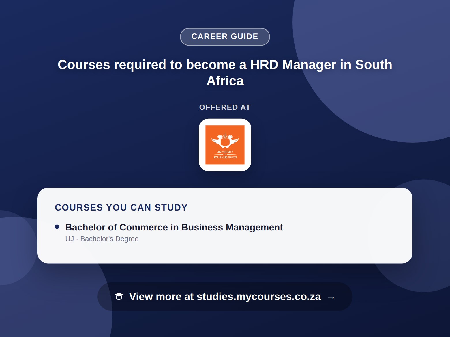Poster listing courses to become a HRD Manager in South Africa, offered at University of Johannesburg, with a link to studies.mycourses.co.za
