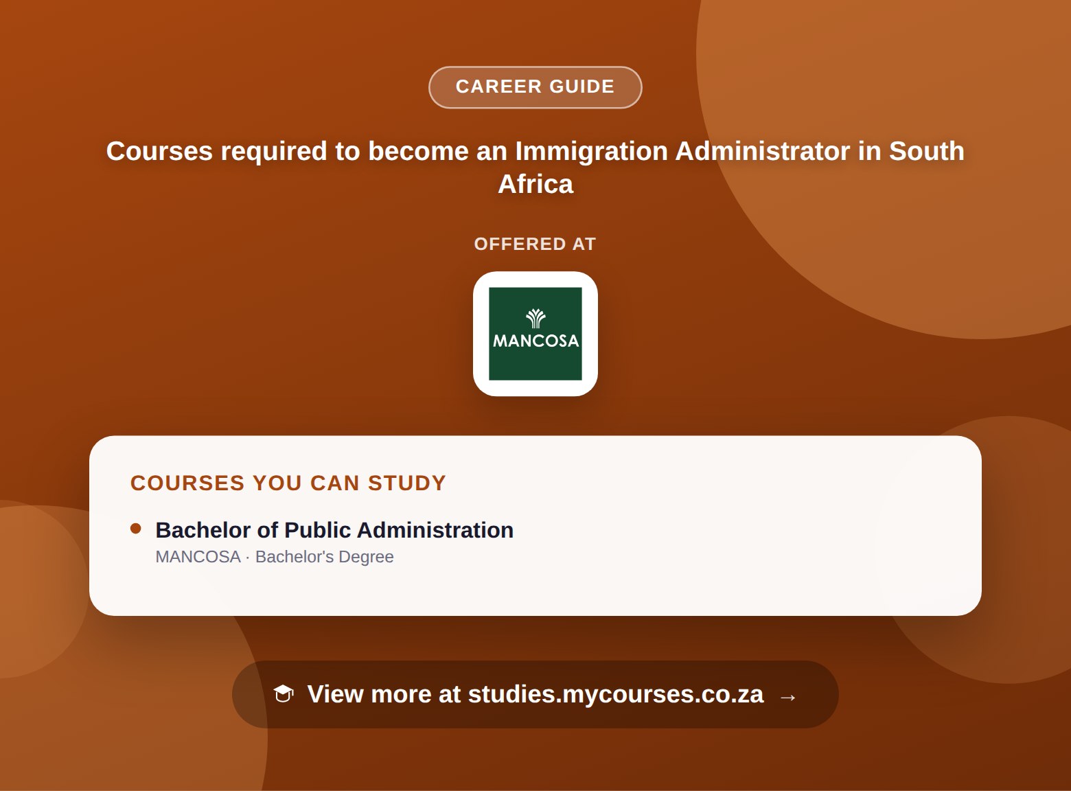 Poster listing courses to become an Immigration Administrator in South Africa, offered at MANCOSA, with a link to studies.mycourses.co.za