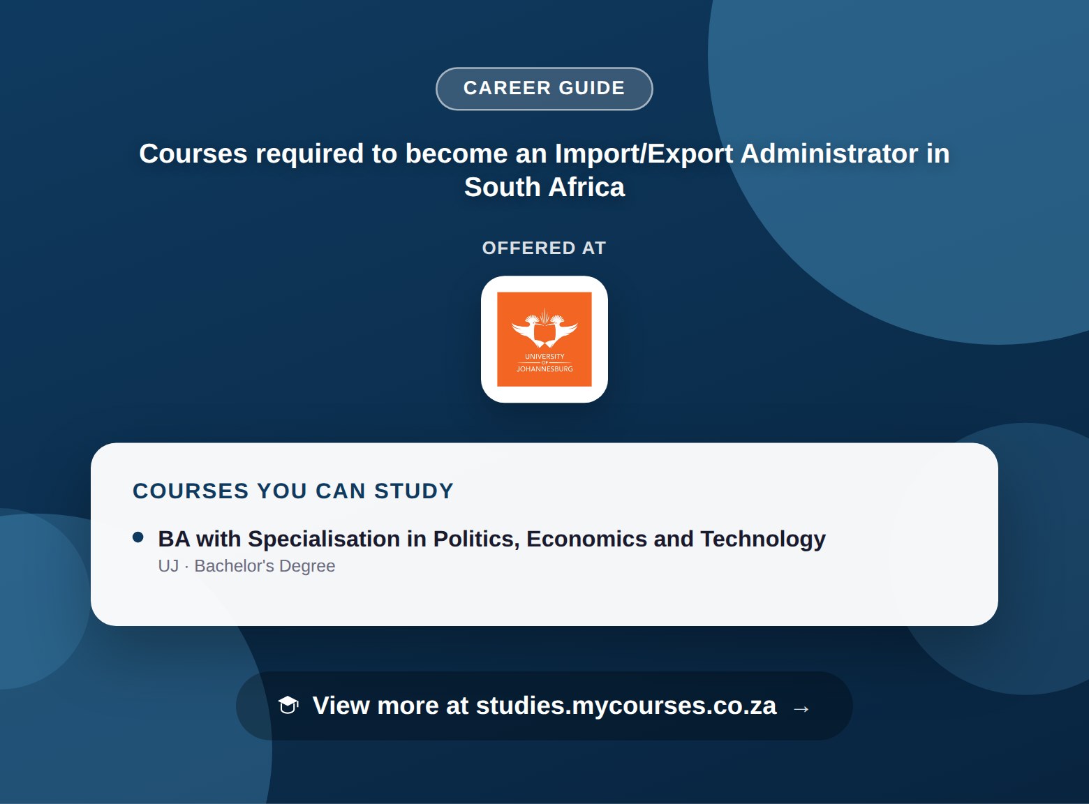 Poster listing courses to become an Import/Export Administrator in South Africa, offered at University of Johannesburg, with a link to studies.mycourses.co.za